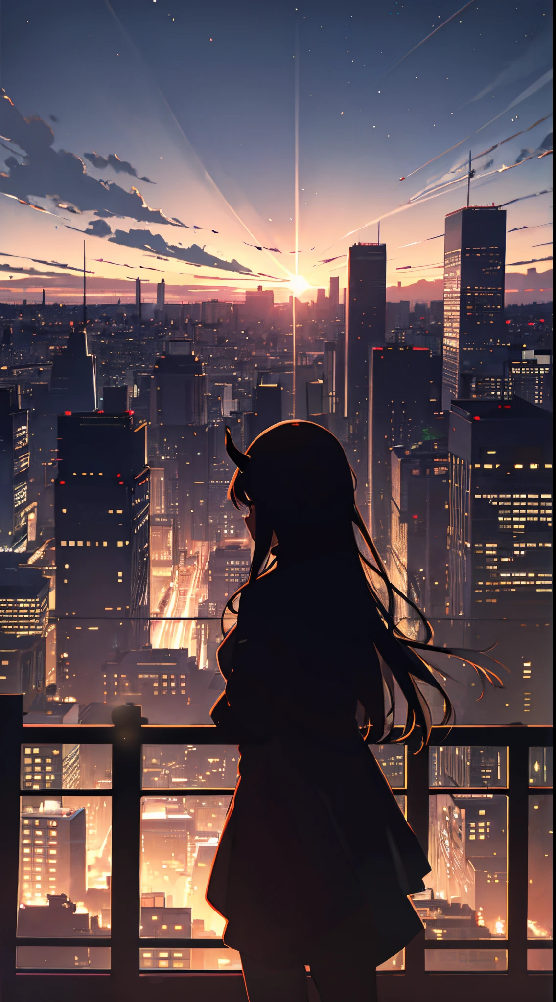 anime,silhouette,1girl,horns,long hair, star (sky), cloud, cityscape, building, city, outdoors, skyscraper, city lights, night, night sky, sunset, skyline,factory,smoke