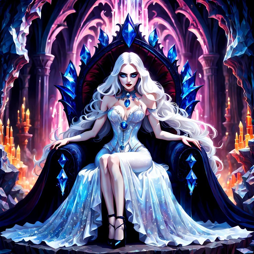 (solo:1.3), (cute cartoon style:1.3), mesmerizing depiction of a (Vampire Queen), exuding an aura of power and grace, piercing vivid blue eyes, extremely long white hair cascades down her regal figure, ((long gothic dress)), ((sitting on a magnificent throne intricately crafted from shimmering crystals glistening under a radiant and ever-changing glow of vibrant colors)), ((inside a breathtaking crystal cave)), ((shimmering crystals of(different colors)), an ethereal atmosphere that captures the essence of her majestic presence, (icy), (hands_with_5_fingers), (perfect_hands), (perfect_fingers), (perfect_legs), (better_hands), More Detail