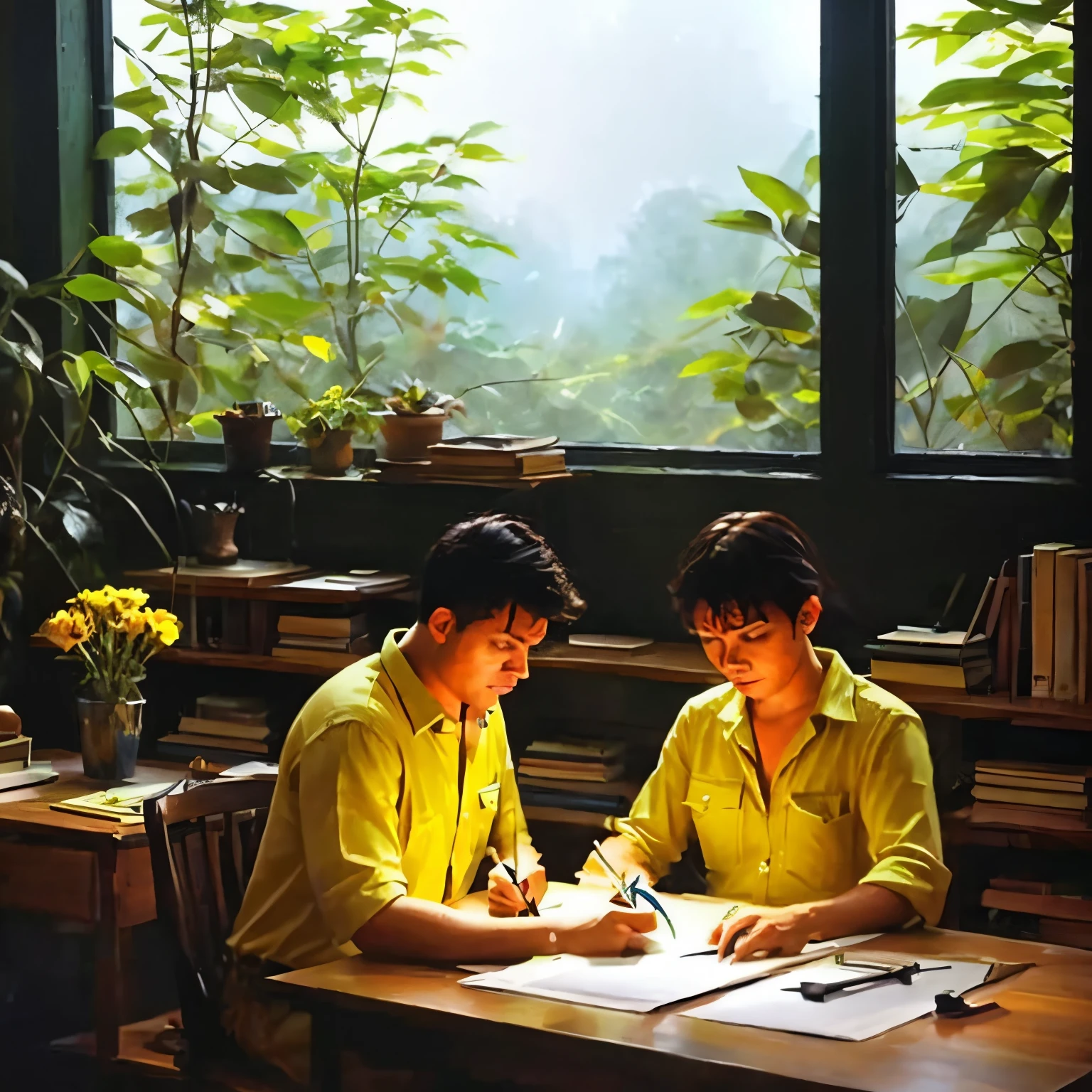 A man sitting on his desk, writing something with a spin on his desk. There is a lamp with bright yellow in the front of the man. There is a book shelf with some photo frames, and on the main desk there is a flower pot of black rose he is in pitch black room, but there is a window which has jungle outside and ? in the jungle in a full moon with lightning thund