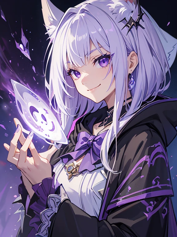 ((masterpiece、BEST QUALITY、high precision、High and fine))), ((fantasy)),(lilac eyelack necromancers robes with hood), (short white hair), 1girl, fantasy city at night, Dungeons and dragons, confident, smug smile, Dynamic angle,