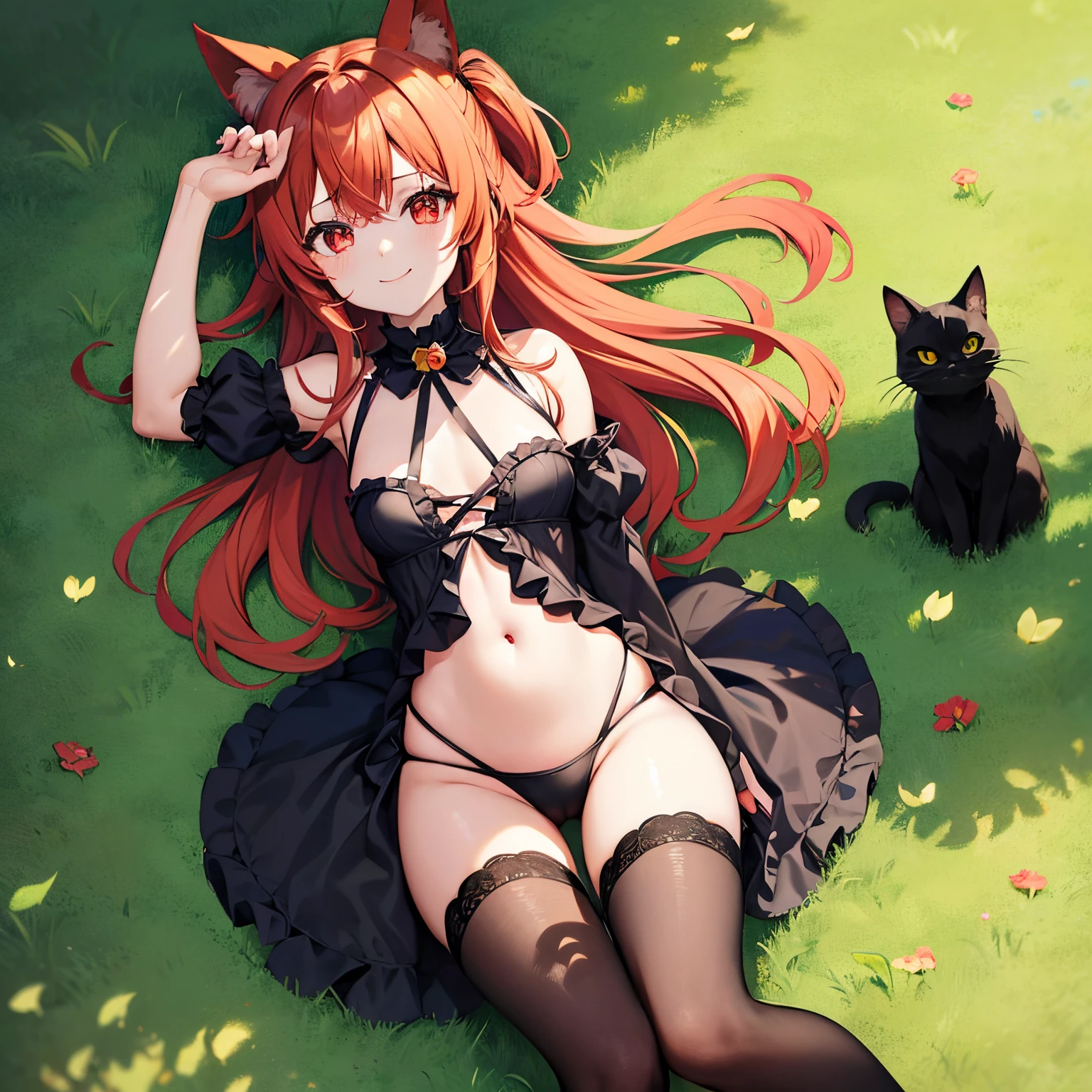 Anime filling,Two-dimensional illustration,Red hair,Half Twin Tail,shorth hair,Big eyes,A smile,a beauty girl,cute little,Super Cute,Black cat ears,Red Eyes,Ruffled Clothes,Black lace clothes,Inner colorGreen,One girl,Full body painting,A masterpiece of 2D art,(​masterpiece,Top image quality:1.3),(detaile:1.2),(1人),whole body painting