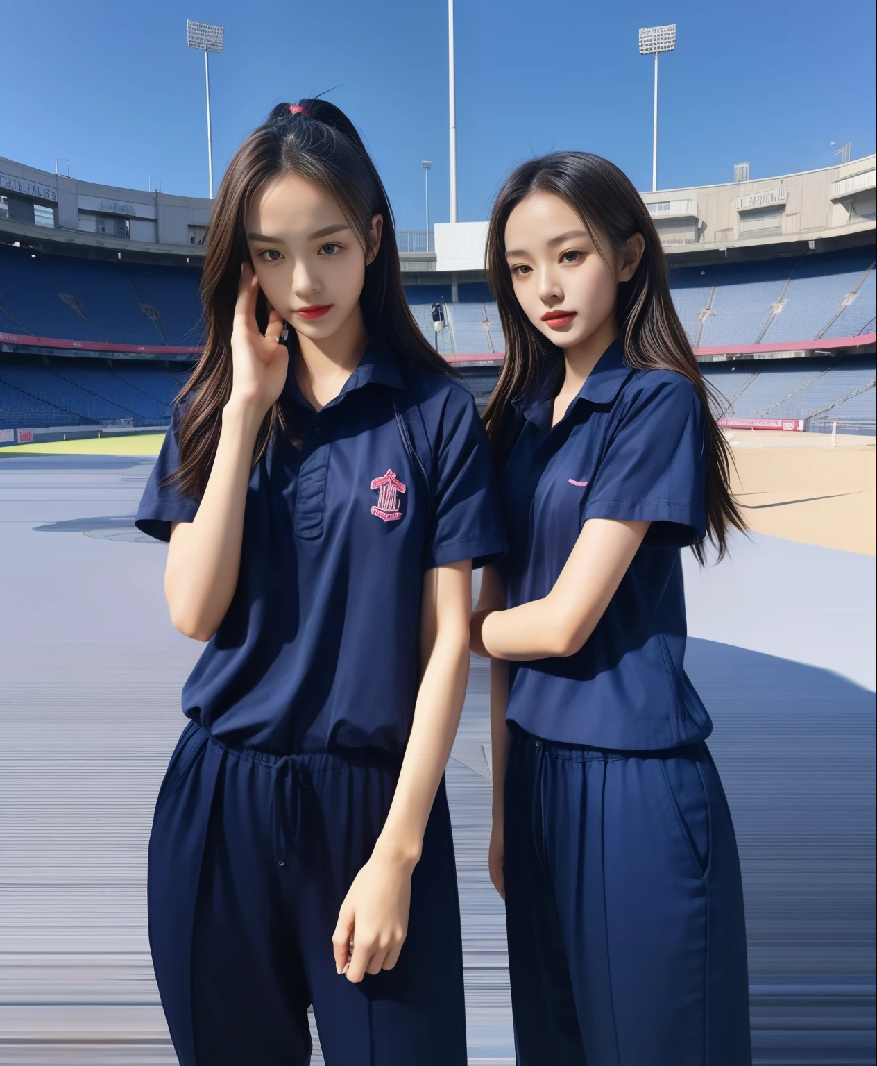 (bestquality,10,10,highres,masterpiece:1.2),ultra-detail,(Realistic,photorealistic portrait,photo-realistic:1.37),1 Cute girl in the football field,oily shiny skin,bara,light smile,BDclothelue shirt:1.3)),short sleeves,shirt, trousers.,(navy_long_Pants Track:1.1), ((Stadium Background:1.3)),dynamic angle,excited,face focus,Dynamic Poses,from behide,Ass Focus,masterpiece, bestquality, ultra realistic, hyper-detail, 8k resolution, RAW photo, crisp focus, ((Navy blue shirt:1.1)), short sleeves, Long Path, Perfect body, 2 mature women, 18yo, cinematic light,Blue sweatpants,Gymware,Correct anatomy,Complete body, Correct body, sharp face, Anatomically correct body, full entire body, Realistic gestures, long-haired, Realistic poses,Wear long shorts................................,Long leg span,Shapely,Sculpting Girl, Slender Figure, mannequin mannequins, Shapely, Beautiful body,Blue sweatpants, Two girls kissing