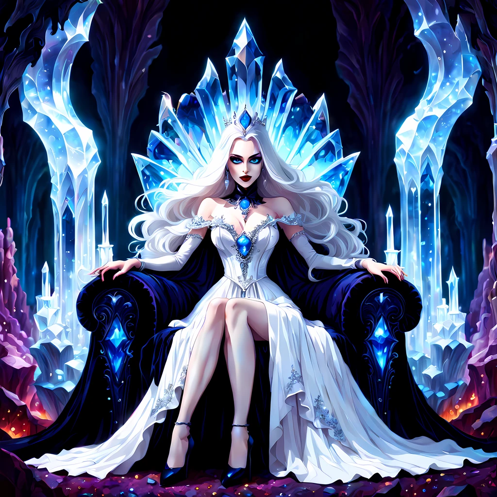 (solo:1.3), (cute cartoon style:1.3), mesmerizing depiction of a (Vampire Queen), exuding an aura of power and grace, piercing vivid blue eyes, extremely long white hair cascades down her regal figure, ((long gothic dress)), ((sitting on a magnificent throne intricately crafted from shimmering crystals glistening under a radiant and ever-changing glow of vibrant colors)), ((inside a breathtaking crystal cave)), ((shimmering crystals of(different colors)), an ethereal atmosphere that captures the essence of her majestic presence, (icy), (hands_with_5_fingers), (perfect_hands), (perfect_fingers), (perfect_legs), (better_hands), More Detail