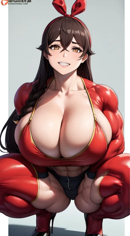 squatting on the ground，(masterpiece, best quality:1.2),illustration,hd,1girl,upper body,(portrait:1.2),brown hair,grin,long hair,ribbon,bangs,hair ribbon,hair between eyes,brown eyes,red ribbon,cleavage,medium breasts,goggles,yellow eyes,long sleeves,short shorts,brown shorts,red gloves,goggles on head,red thighhighs，tmasterpiece,Huge stacked breasts，The kinky  exposed ，（Surreal breasttremely full breasts）），（（Super large）），Big breasts Thin waist，（（（Extremely large breasts））），seductiv，High detail，hyper qualit，high resolution，8K，8k smooth，(reality: 1.2)，(Highly realistic, Ultra-realistic, photograph realistic)，(Realism: 1.2)，Solo，(Perfect feminine curveig breasts:2)，(Huge breasts:2)，(gigantic cleavage breasts:2)，(Large breasts:2)，(Bare tits:1.4)，(chiseled abs : 1.1)，Nice strong legs，，(Curvy:1.1)，Narrow waist，(gigantic hip:1)，(Thick thighs:1)，(Thick legs:1)，Muscular，(body builder:2)