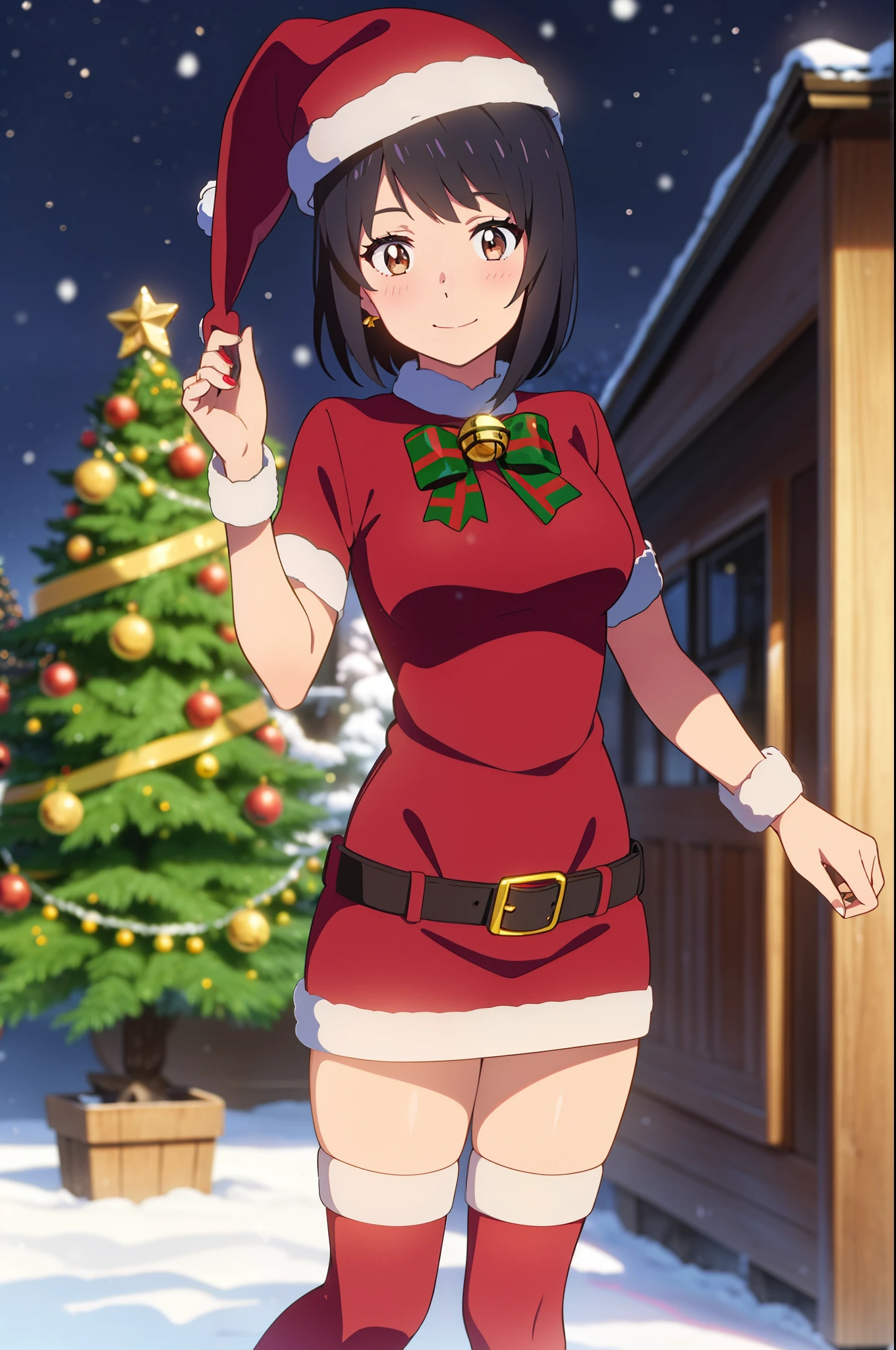 shinkai makoto, kimi no na wa.,masterpiece, highest quality,  One Girl, bangs, Black Hair, blush, Bright Eyes, Brown eyes, Looking at the audience, Red Bow, Red headband, Red ribbon, short hair, Small breasts, alone, indoor, Shiny skin, smile, Happy, beautiful, Perfect Anatomy, Perfect hands, Christmas tree, Santa Claus Costume, Cute Face, Leaning forward, Down blouse, nsfw, Red Christmas Dress, Candy Cane Stockings, Winter landscape in the background, Perfect hands, snow, vapor, night, Blur the background