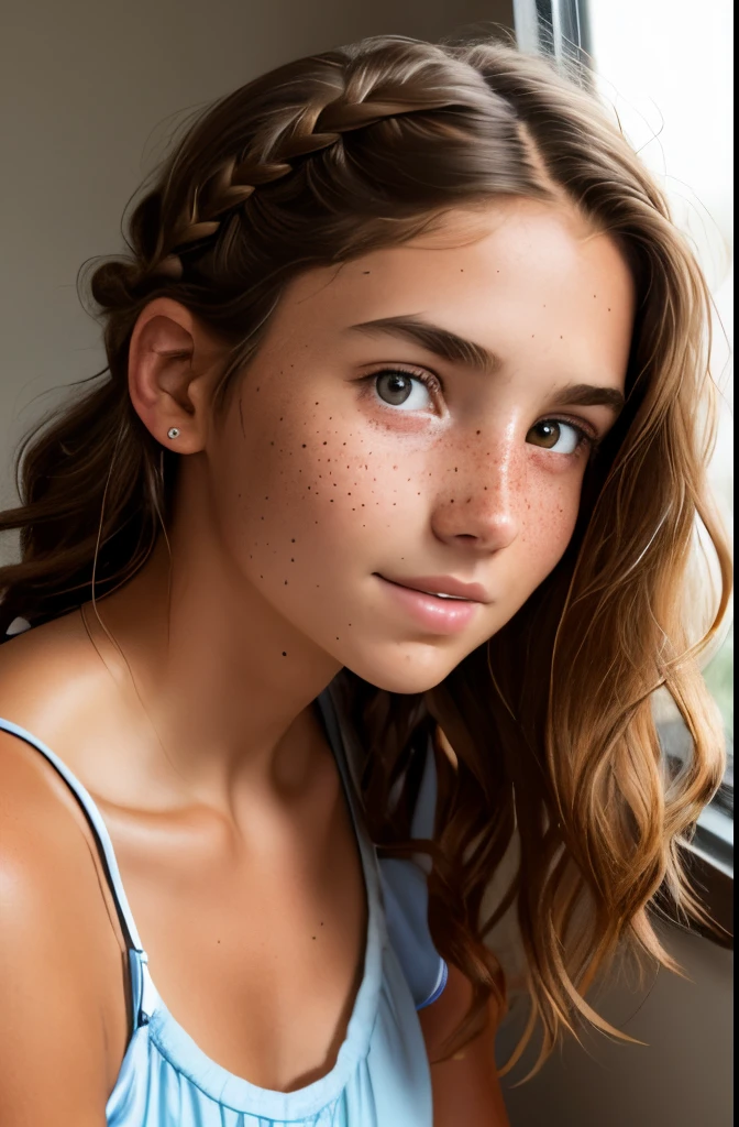 1girl. Tan skin, freckles on nose, freckles on cheeks, dark brown hair, wavy hair, hair braid, cropped camisole, twenty years old, bedroom