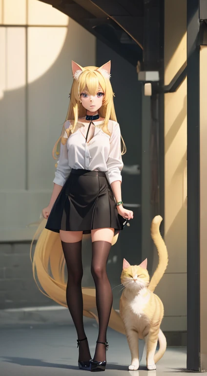 A girl, long blonde open hair, blonde Neko cat ears, light green glowing cat eyes, wearing a black collar with a bell, wearing a white shirt with a low neckline, a black short skirt, black tights, red high heels, with a blonde cat tail, high resolution, looks forward, stands upright