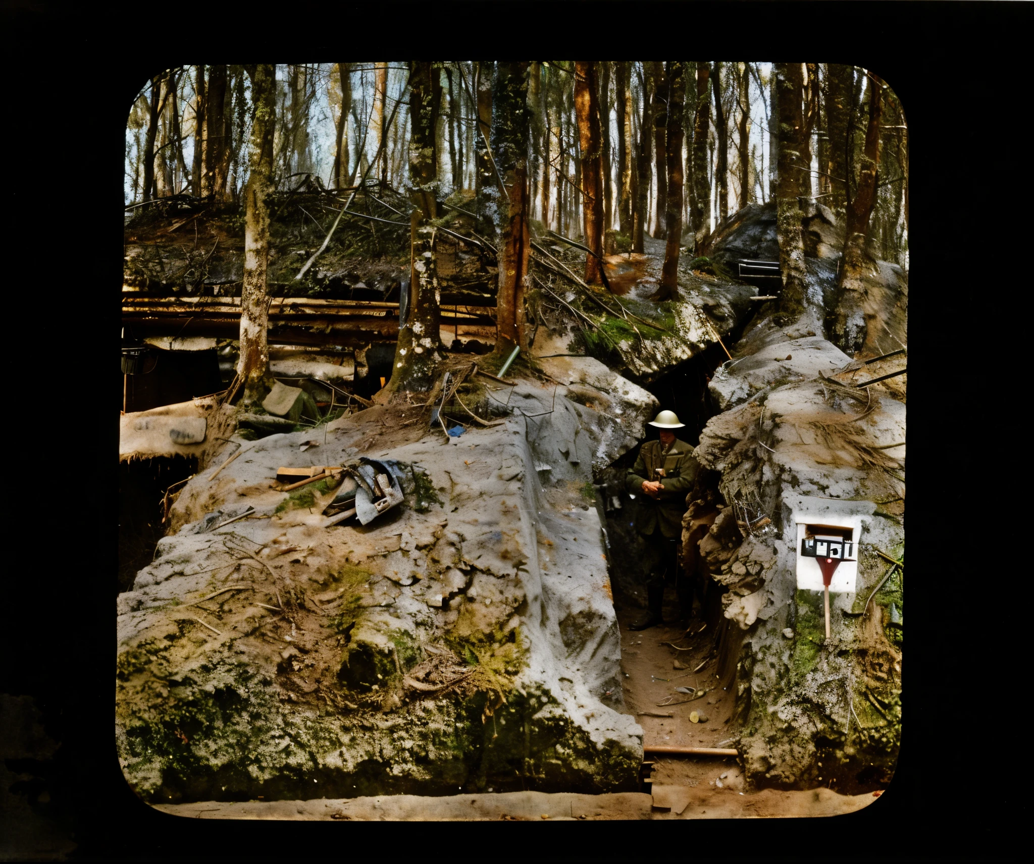 there  a picture of a man standing in a tunnel in the woods, ww1 trench, trenches, trenches bombs, by Albert J. Welti, by Rudolf Freund, autochrome, in trenches, autochrome photograph, by Albert Keller, 4 k photo autochrome, ww1 film photo, taken on a ww 1 camera, by Albert Bertelsen
