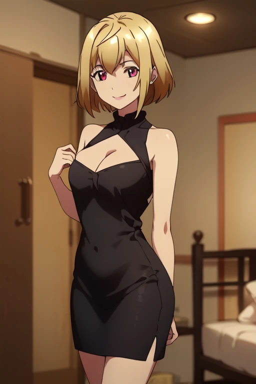 1 girl, solo, blonde hair, red eyes, antenna hair, lipstick, bangs, short hair, shiny hair, smile, 
large breasts, bare arms, bare shoulders, cleavage, black sweetheart dress, short dress, black pencil skirt, golden pendent, smiling, solo, smiling, looking at viewer, cowboy shot, side view, in a bedroom, standing, legs, Exquisite visuals, high-definition, masterpiece, best quality,