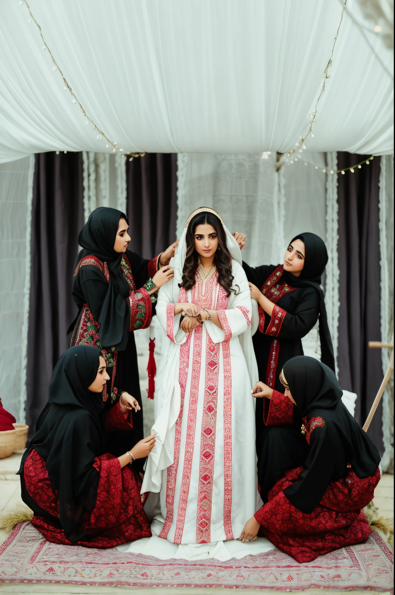 bride and bridesmaids in traditional clothing posing for a picture, traditional clothes, traditional clothing, palestine queens ny, colour corrected, wearing traditional garb, embroidered robes, middle eastern style vendors, arab inspired, traditional dress, behind the scenes photo, edited, traditional photography, color corrected, covered in robes, young middle eastern woman, captured on canon eos r 6