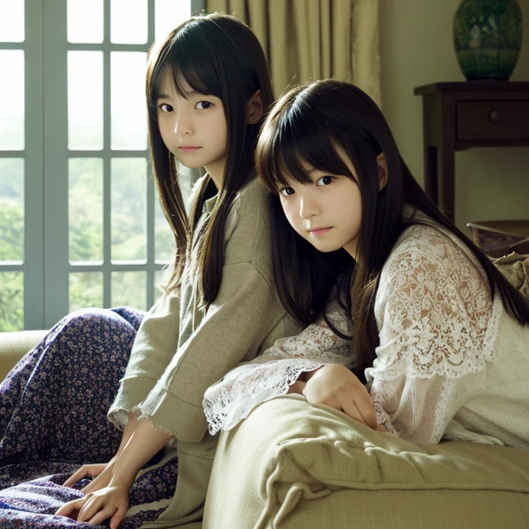 An ultra-high picture quality、Perfect Photo、japanes、Japanese 13 year old beautiful girl、huge window、JINS、Sleepy look、Lace curtains、dim room、sit on sofa、2 girls in'Not similar..、one person has long hair、One person has short bob hair、Open mouth slightly、Looking into the distance、