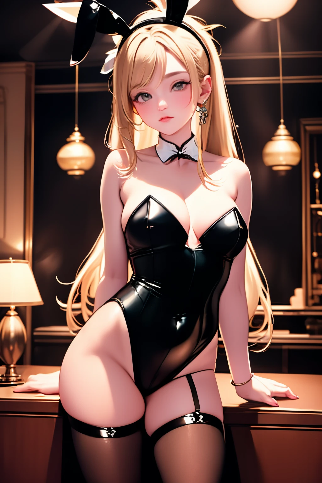 bunnygirl、One lady、Black costume、Black stockings、Dim lighting、Natural look、Bewitching room、eroticism、top-quality、top-quality、masuter piece:1.3、High quality detailing、8k、