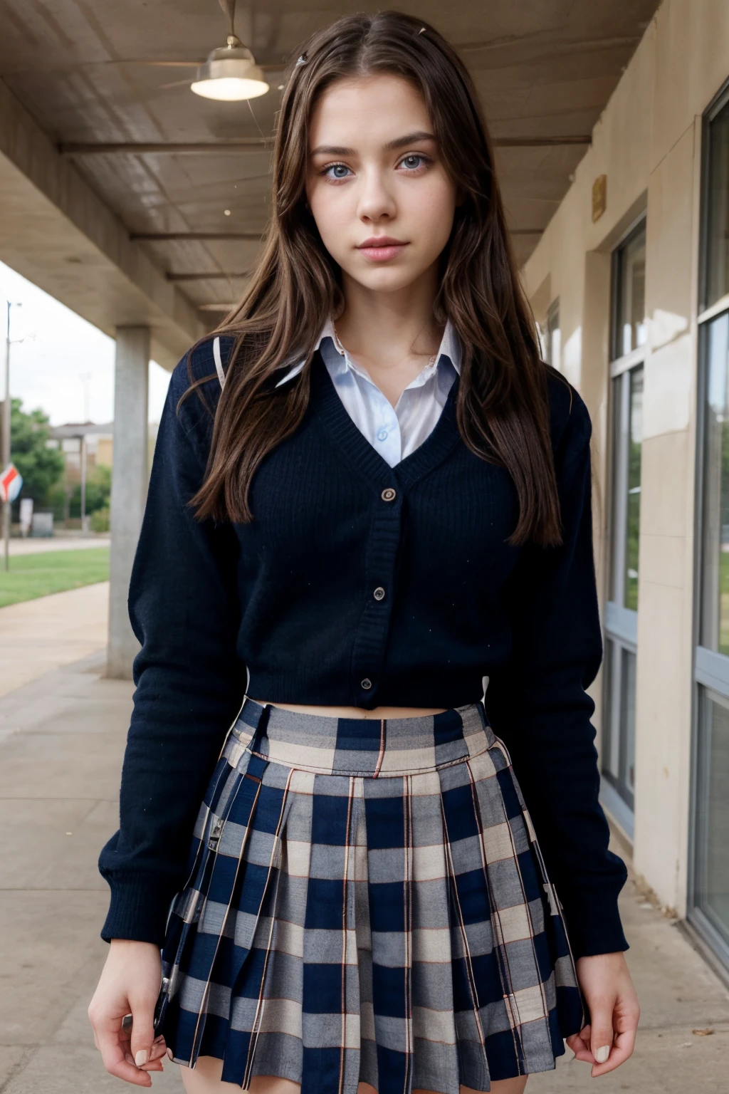 girl in school uniform, peeing her skirt, realistic, photorealistic, detailed face, beautiful eyes, long eyelashes, detailed facial features, embarrassed expression, desperate, wet clothes, puddle, dynamic pose, natural lighting, highly detailed, cinematic, 8k, unreal engine, artstation, indoors, seamless, clean, soft colors