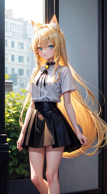 A girl, long blonde open hair, blonde Neko cat ears, light green glowing cat eyes, wearing a black collar with a bell, wearing a white shirt with a low neckline, a black short skirt, black tights, red high heels, with a blonde cat tail, high resolution, looks forward, stands upright