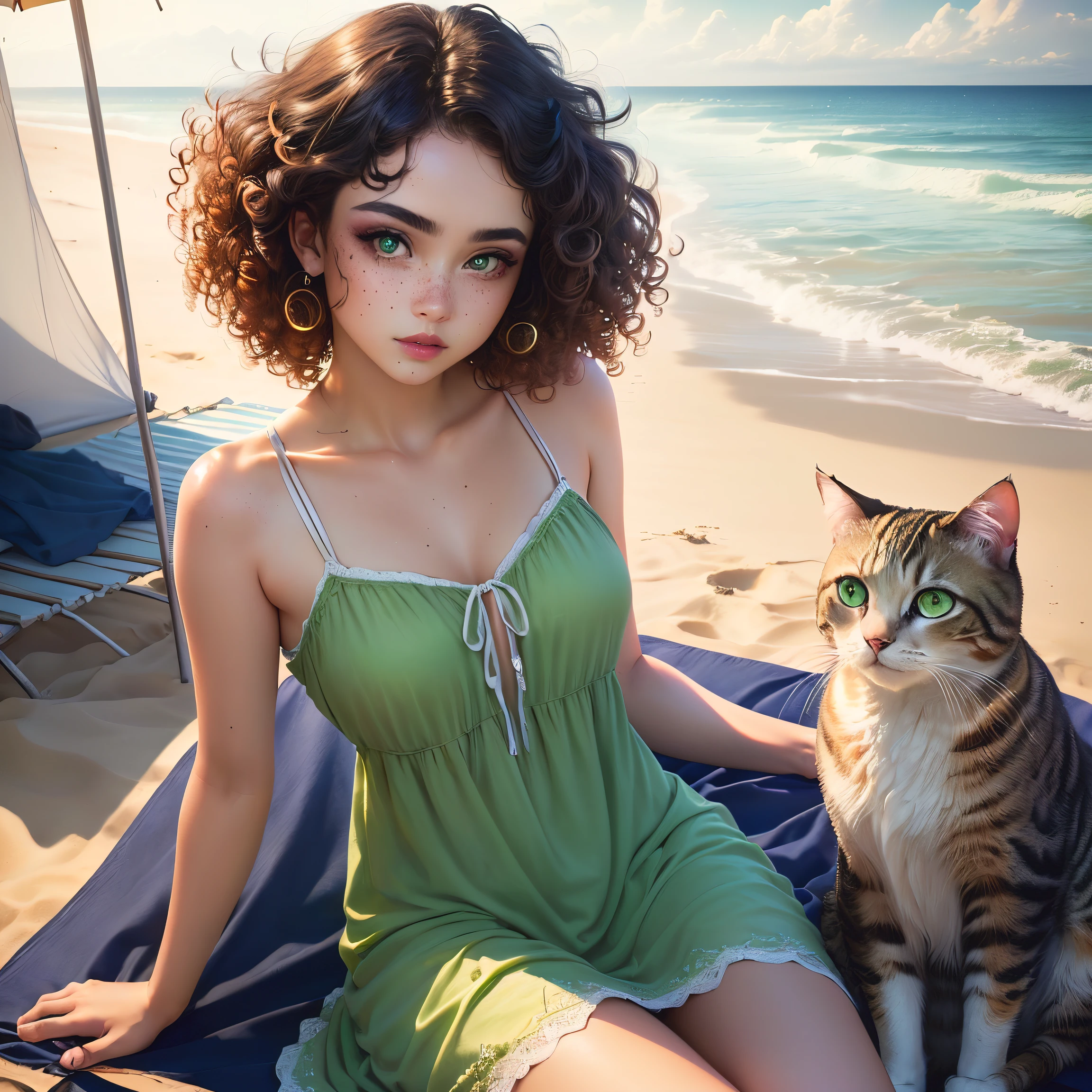 (sharp focus: 1.2), photo, attractive mixed woman, (beautiful face: 1.1), detailed eyes, delicious lips, (cat eye makeup: 0.85), (big eyes: 1.0), (toned body: 1.2), (curly hair: 1.2), wearing (summer dress: 1.2) sitting on one (beach:1.2). (moderate illumination: 1.2), depth of field, bokeh, 4K, HDR. by (James C. Christensen:1.2| Jeremy Lipking:1.1), body freckles, green eyes, freckles, beauty marks, sandy skin, sand on skin, transparent bikini --auto --s2