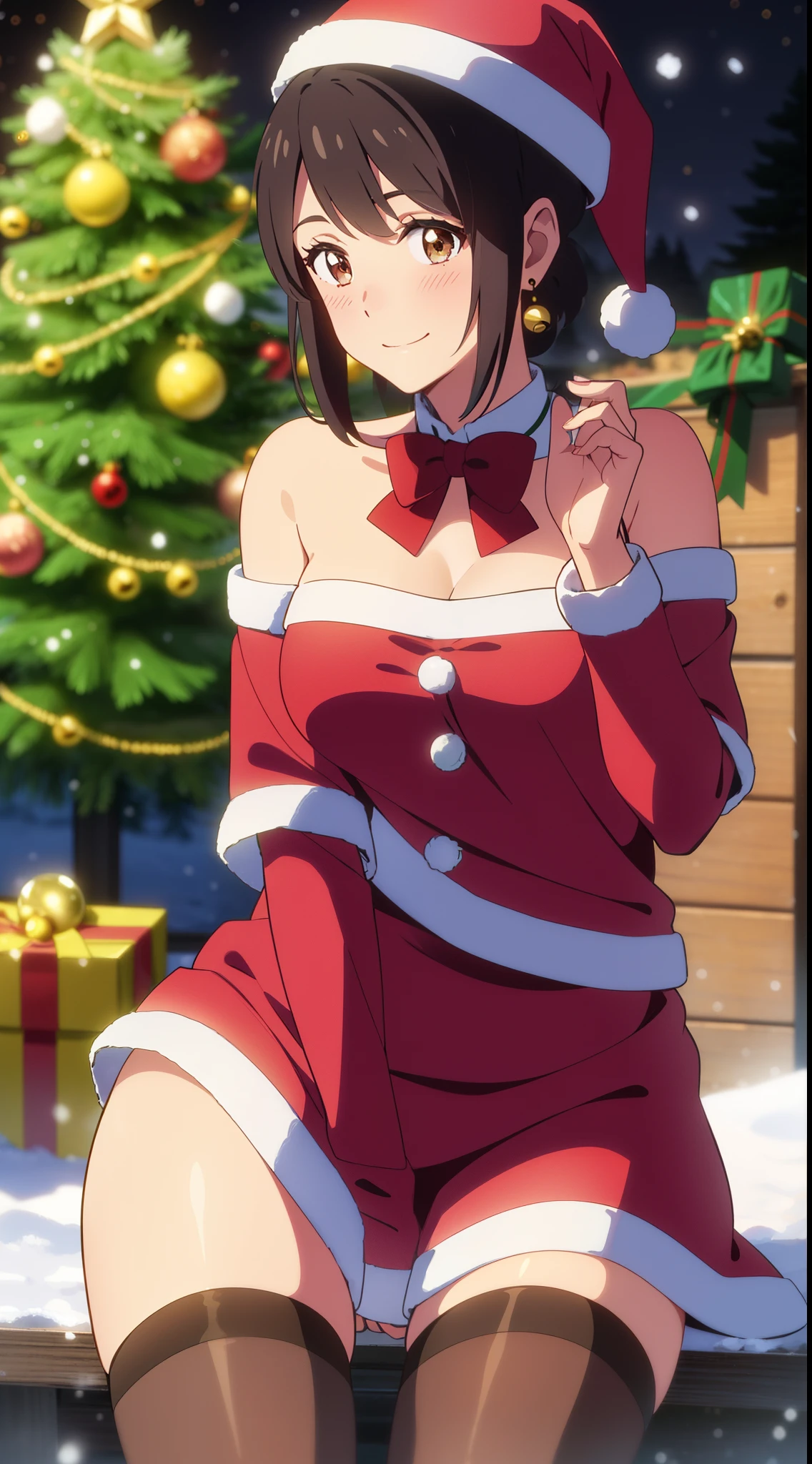 shinkai makoto, kimi no na wa., 1girl, bangs, black hair, blush, bright eyes, brown eyes, looking at the viewer, red bow, red headband, red ribbon, short hair, medium breasts, solo, outdoors, shiny skin, smile, happy, beautiful, parfect anatomy, perfect hands, Christmas tree, Santa Claus costume, Sweet face, Red and Green Christmas Dresses, jingle bell earrings, candy cane stockings, Against the background of winter scenery, perfect hands, Santa Claus hat, snow, steam, night