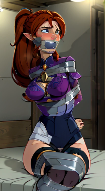 extremely detailed 8k wallpaper, Ultrarealistic, sharp focus, masterpiece, ultra-detailed, high resolution, smooth, video game cut scene, ung female elf warrior with a very detailed long hair, ((intricate hairstyle:1.3)), half up half down pony tail, (((ginger hair))), pale skin, wearing torn underwear, detailed face, detailed face, perfect skin, beautiful, Insanely detailed, close up, taped mouth, ((tape gag: 1.3)), wrap around tape gag, ((gagged)), arms bound behind back, elbows taped, wrists taped, desperate struggle, thrashing, legs open, legs spread, on the bed, in the bedroom, frightened, pleading eyes, stalker, kidnapped, (Being stroked by a man's crotch), ((She was held from behind by a man:1.7)), being fucked, Imminent Penetration, ((She was grabbed by the chest by aman:1.5)), ( he had a hand on her throat: 1.5) ((The man presses his chest against the woman's back 1.2)), true crime, true crime, a man grabbing her chest from behind, tense atmosphere, peril, impending, panicking, anime, (dynamic angle:1.1), masterpiece