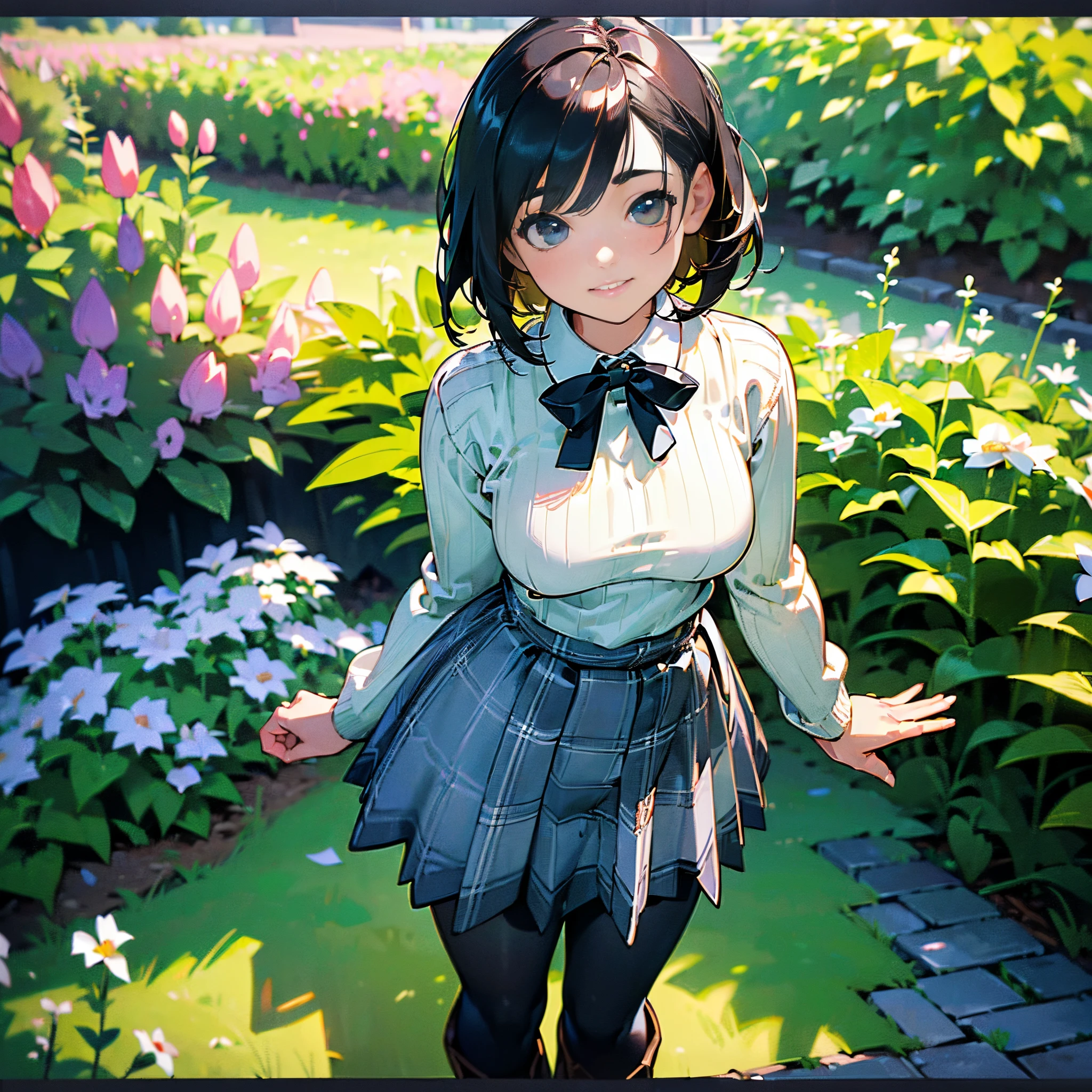 (High quality, High resolution, Ultra-detailed, Realistic:1.37), peaceful ambiance, (plein air, garden), Teenage girl standing alone, (My breasts are big.), Beautiful detailed features, Cute smile, (Black bob hair), Ribbed sweater, blue plaid skirt, Black tights, Brown boots.
