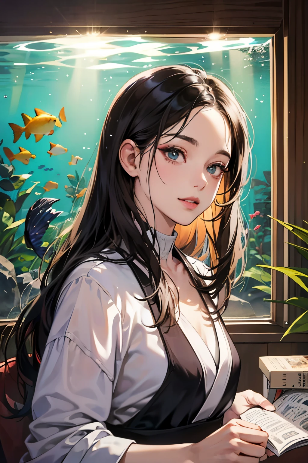 (masutepiece, Digital Art, Digital Illustration, 4K, 8K, Ultra-detailed, beautiful image, Sharp Image, Photorealistic, Raw photo, Perfect face, Perfect lines, Perfect eyes, Soft lighting) ,1 woman, (Long Black Hair,straight haired,Bullish gaze,Beautie,ellegance,Solid makeup,23 y-o woman,small tits:1.3),Two handsome men in suits, (ember,well-muscled,Firm shoulder width, Man's,Boyish hairstyle,English gentlemanly style,Man in his 30s with a cool expression,28-year-old man with bright smile:1.2),Show white teeth and smile(embarrassed from,Shy smile:1.1),Japanese restaurant full of light、cypress wall、living aquarium、fish tank、Aquarium with many fish swimming in it,sushi restaurant、the kiss、kiss、a couple、couple kissing、Romance、