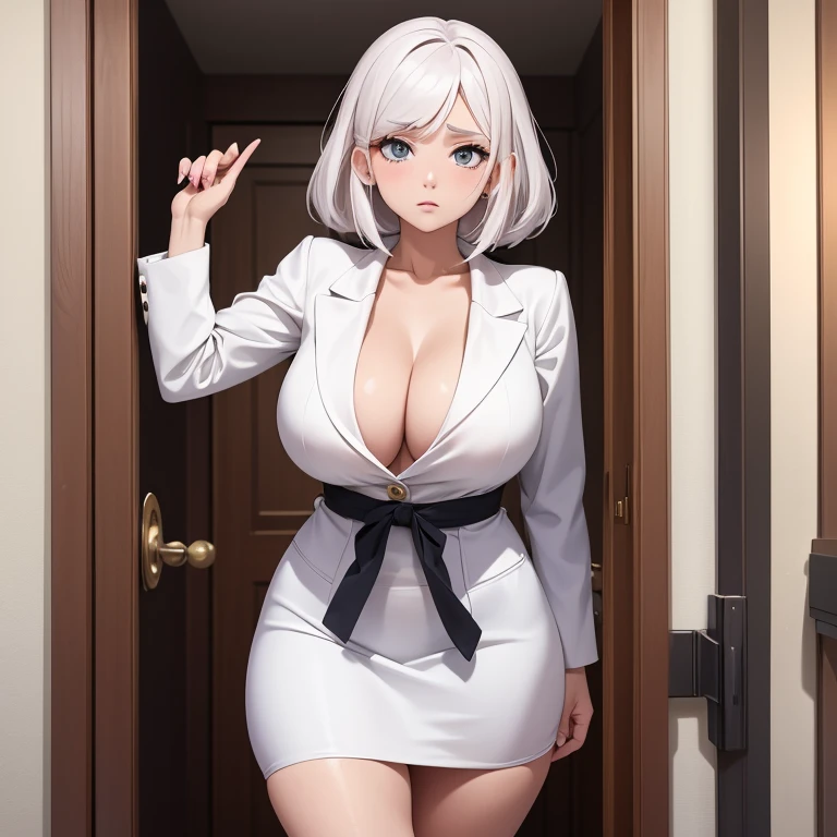 Imagen NSFW de una mujer mayor estilo anime que tiene algunas arrugas., su cabello blanco, ella llevaba un traje de oficina, she opening the door of a house and her cold and expressionless look