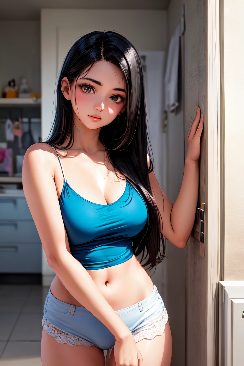 in a room at the white door, There is a woman with long black hair, bright brown eyes., con un top rosa , a la chica se le marcan los pezones, y una minifalda azul., She is about 18 years old, 18 years old, 18 year old female model, 19 year old girl, she is about 20 years old, she is about 20 years old, 1 6 years, Imagen de perfil, Imagen de cuerpo entero minifalda color azul Marino entablada, The girl has long black hair and brown eyes., la chica usa un top color rosa una falda escolar color azul rey