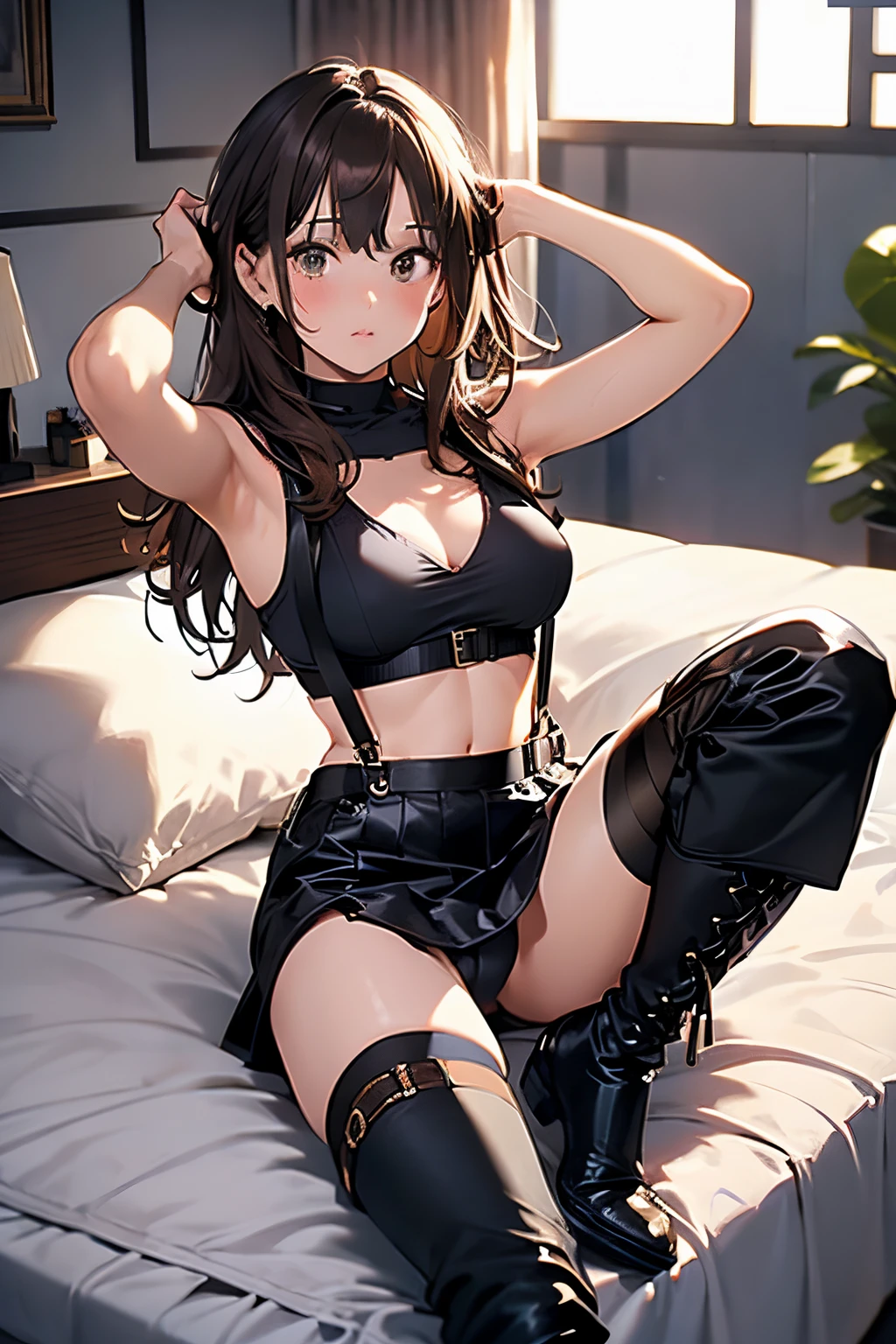 Brown hair、watching at viewers black suspenders Bulging big breasts walls: Black miniskirt garters Gaze Small face bangss holster Beautuful Women hands up Leg holster lying on the bed Gaze black boots panty shot provocation flank Armpit sweat soio