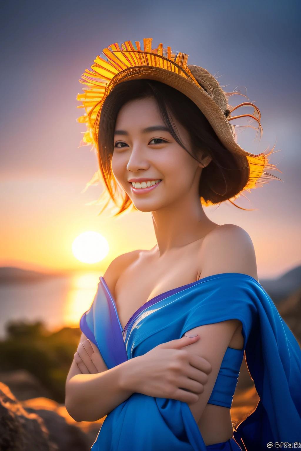 (great masterpiece、high-level image quality、hightquality),Women in Japan、Her 20ig breast beauty  very attractive:1.2、Aura Glow:1.5))、Beauty with great and spiritual unity、a woman with great love、(Supreme Beauty)、(The best smile)、Professional filming、Gravure photography、(aura:1.5,The Energy of the Great Spirit)、((((Worldview of the Realm of God、image of the sun))))、