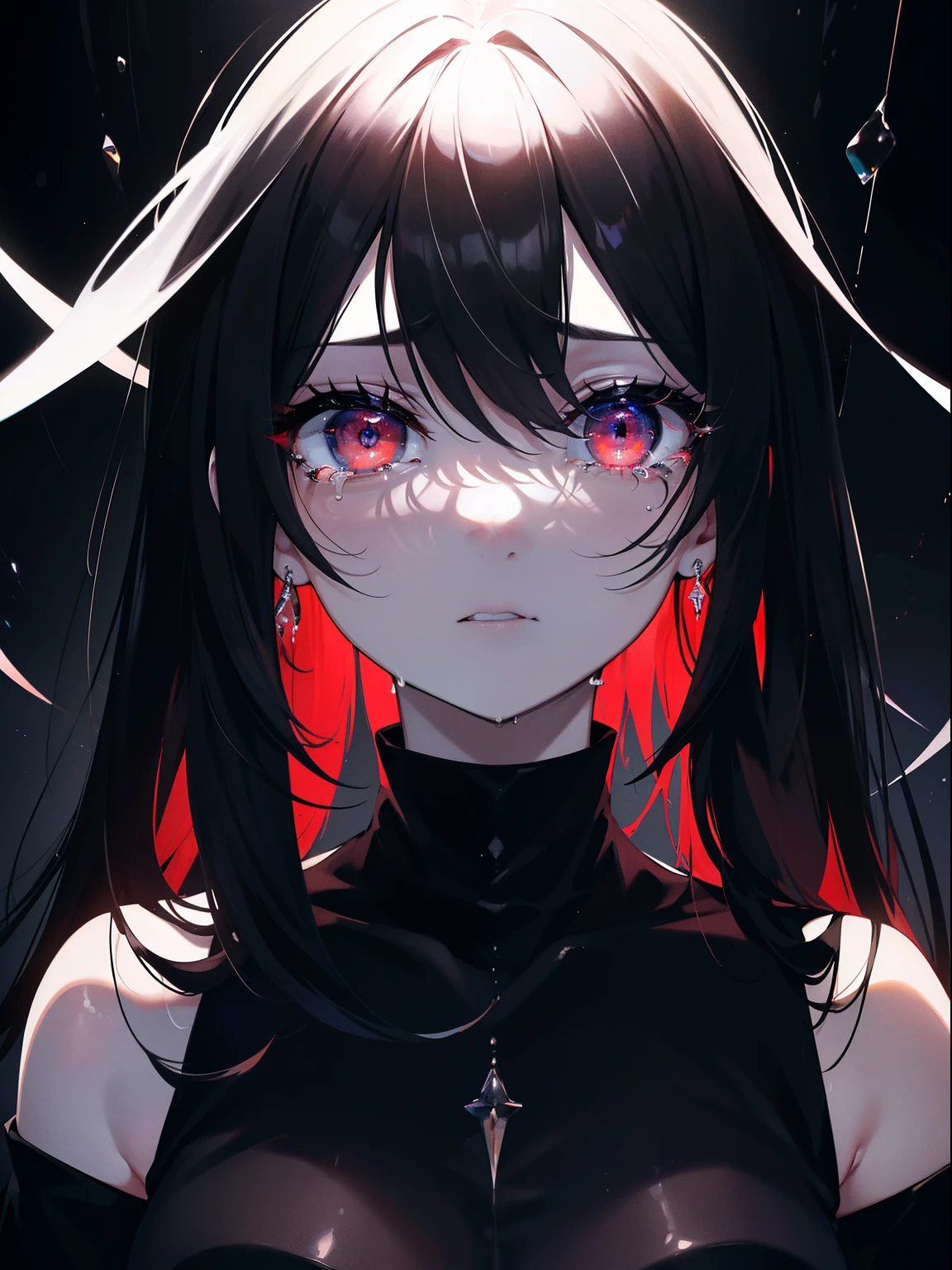 (Obra maestra, La mejor calidad, ultrahigh resolution), 1girl, standing, school uniform, black dress, black pleated skirt, ((jet black, jet black hair:0.7), long hair cut, pale skin, ((blue eyes)), glowing_eyes, neon eyes, (ultra detailed eyes, beautiful and detailed face, detailed eyes:0.9), ((centered)), smile, ((wide shot)), facing viewer, eye level, (black background, embers, fire), flat chested, looking at viewer, ((half closed eyes)), ((perfect hands)), (((head, arms, hips, elbows, in view))), ((hands behind back)), empty eyes, beautiful lighting, background, defined subject, 25 years old, perfect anatomy, perfect body, exposed shoulders,