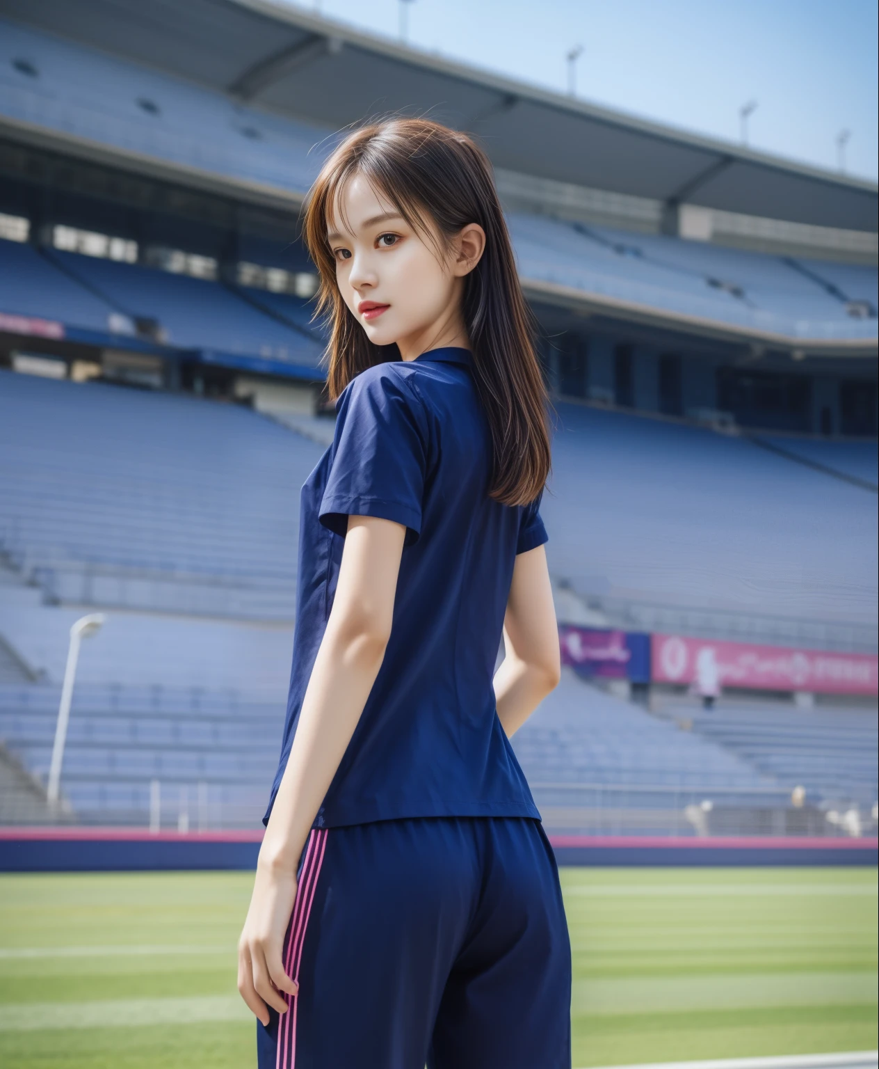 (bestquality,10,10,highres,masterpiece:1.2),ultra-detail,(Realistic,photorealistic portrait,photo-realistic:1.37),1 Cute girl in the football field,oily shiny skin,bara,light smile,BDclothelue shirt:1.3)),short sleeves,shirt, trousers.,(navy_long_Pants Track:1.1), ((Stadium Background:1.3)),dynamic angle,excited,face focus,Dynamic Poses,from behide,Ass Focus,masterpiece, bestquality, ultra realistic, hyper-detail, 8k resolution, RAW photo, crisp focus, ((Navy blue shirt:1.1)), short sleeves, Long Path, Perfect body, 2 mature women, 18yo, cinematic light,Blue sweatpants,Gymware,Correct anatomy,Complete body, Correct body, sharp face, Anatomically correct body, full entire body, Realistic gestures, long-haired, Realistic poses,Wear long shorts...............................,Long leg span,Shapely,Sculpting Girl, Slender Figure, mannequin mannequins, Shapely, Beautiful body,Blue sweatpants, Two girls kissing