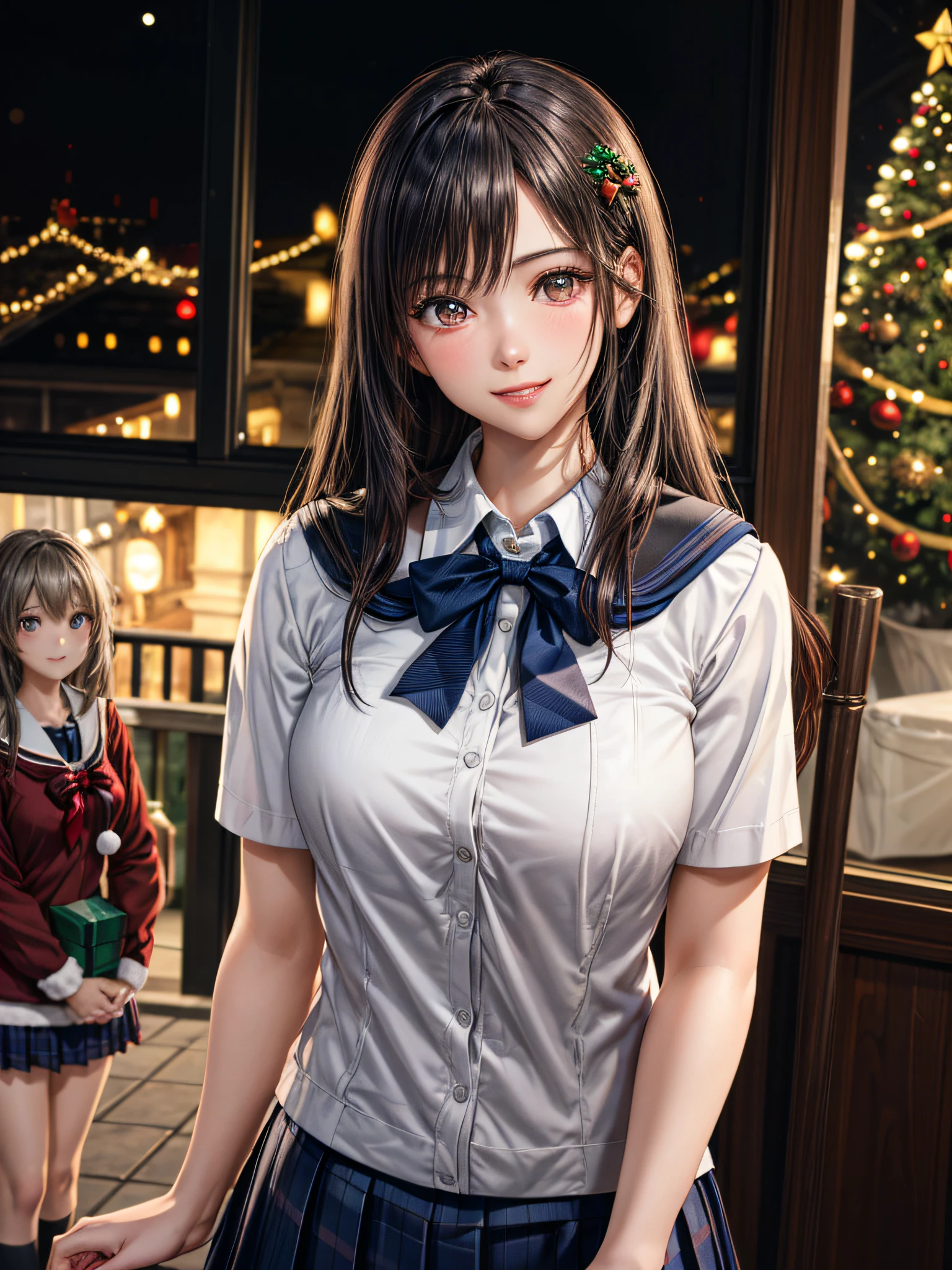 (2girls:1.4), Extremely cute, amazing face and eyes beautiful nice smile), (extremely detailed beautiful face), bright and shiny lips, (School uniform, Pleated skirt:1.3), (Best Quality:1.4), (hyper quality), (Ultra-detailed), (Hyper-realistic, Photorealsitic:1.37), Authentic skin texture, intricate-detail, extremely detailed CG unified 8k wallpaper, RAW Photos, professional photograpy, Cinematic lighting, Exposing, Christmas tree, Christmas Ornaments, Christmas Decorations, Christmas Lights, Christmas Lights,