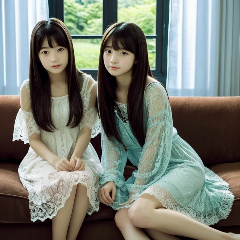 An ultra-high picture quality、Perfect Photo、japanes、Japanese 15 year old beautiful girl、huge window、JINS、Sleepy look、Lace curtains、dim room、sit on sofa、2 girls in&#39;Not similar..、one person has long hair、One person has short bob hair、Open mouth slightly、Looking into the distance、