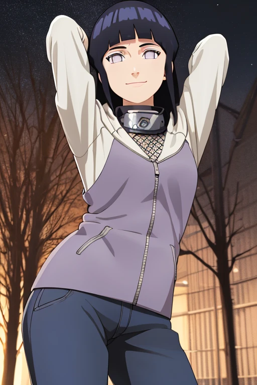 masterpiece, absurdres, 1girl, hinata\(shippuden\), solo,hooded jacket, fishnets, headband around neck, looking at viewer, solo, forest, dark sky, contrapposto, smile, spread armpits, cowboy shot, arms behind head, blue pants