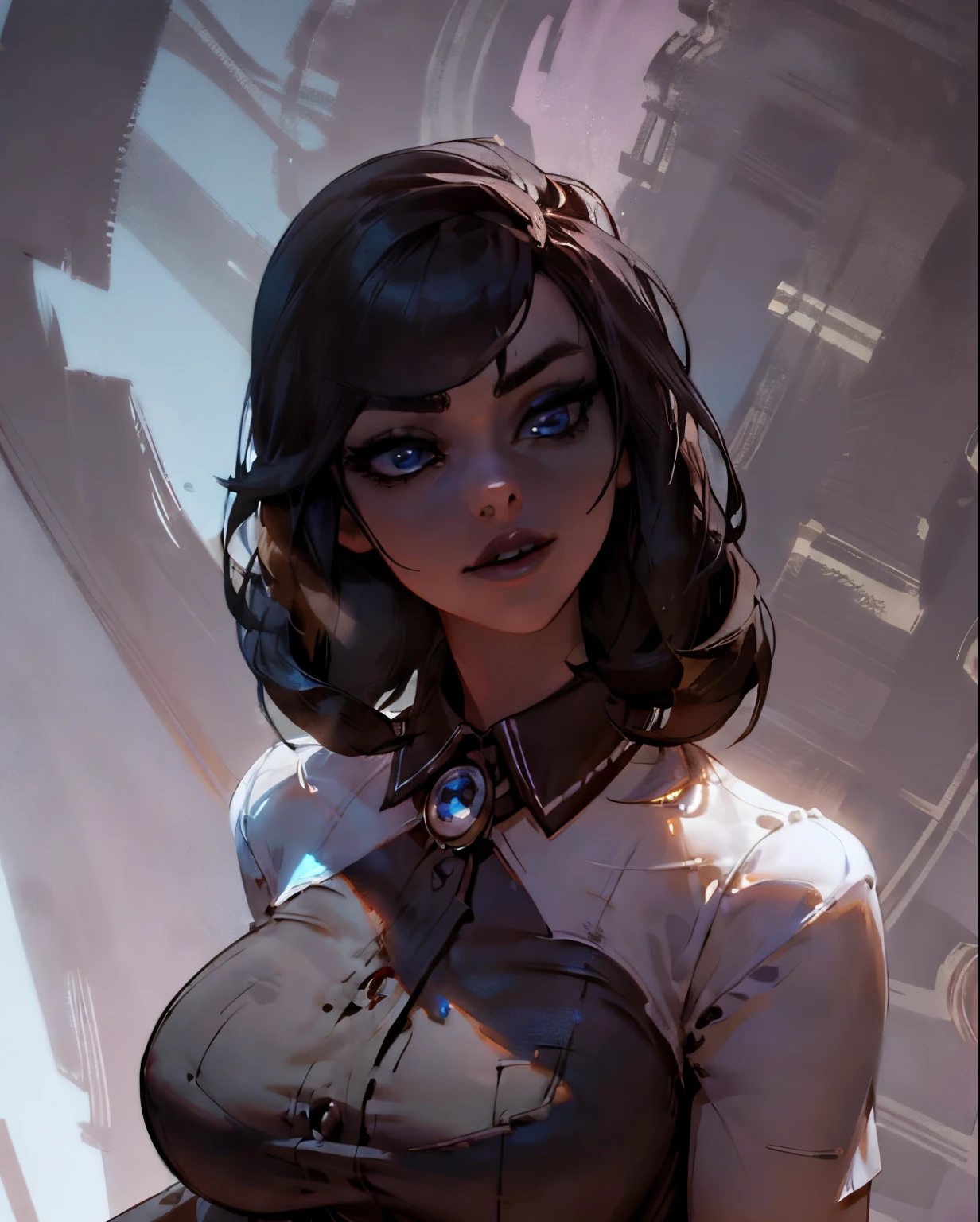 (Detailed Lights, Detailed Shadows), 1Woman, black Hair, (Elizabeth), Bioshock infinite, , White blouse, ((Detailed Eyes)), upper body view, black Eyetremely Detailed Clotheodern Clotheeautiful Hair, Muscular, glowing blue eyes, puffy lips, large breasts, Hair Down, Extremely Detailed Background, Beautiful Background