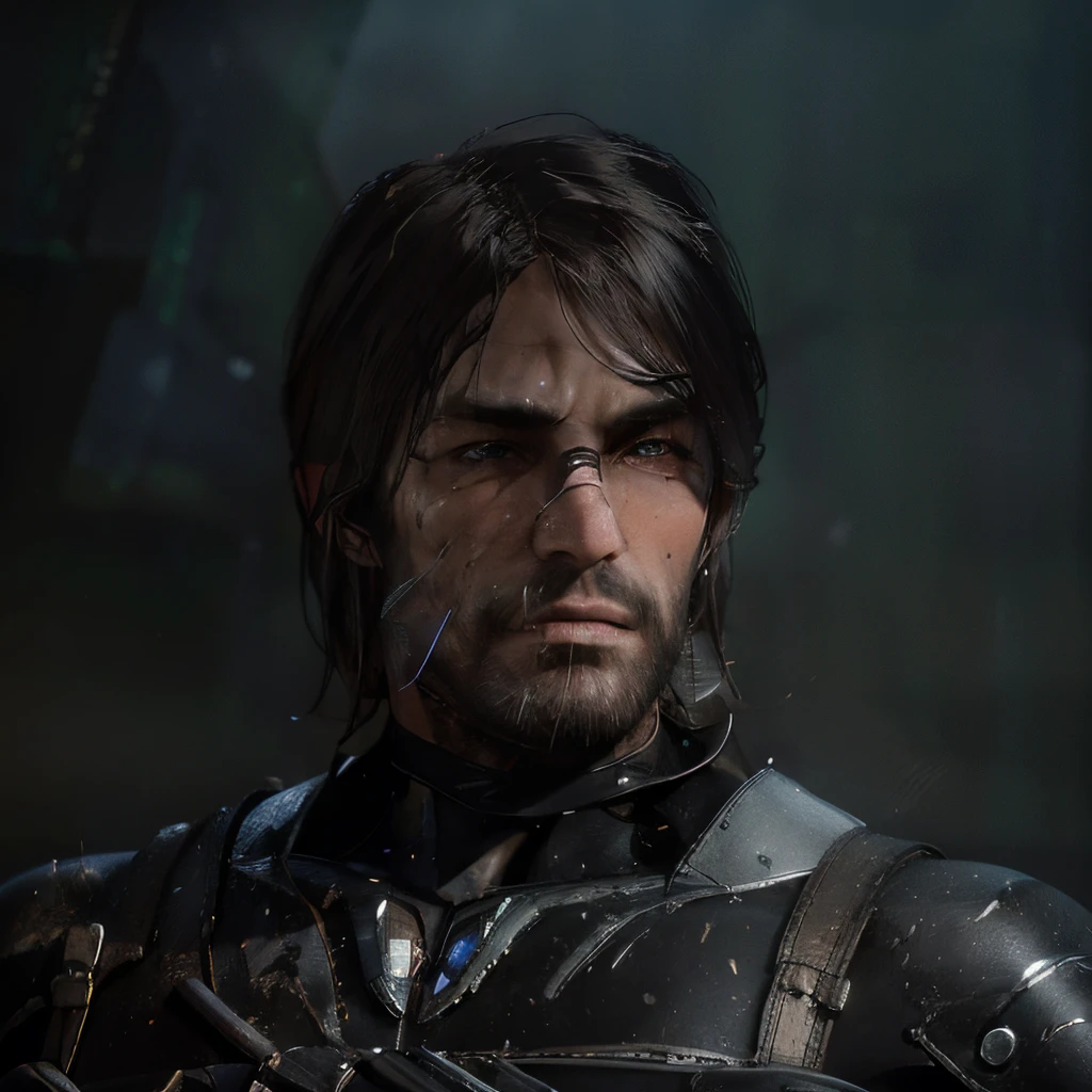 (masterpiece), 8k cg, best quality, intricate details, chromatic aberration, close up, ((bust shot)), ((looking at the viewer)), 1boy, ((Character((a boy)), smug smile, closed mouth, blue eyes)), strong face, handsome face, defined jawline, chiseled face, sharp features, cheekbones, sharp facial features, ((short hair, ((brown hair)), long bangs)), facial hair, face scars, ((JohnRDR, cowboy hat, armor, cybernetic armor, cyber suit)), defined body, manly features, wide shoulders, slender, muscular body, (((background(((dark background)), fog)))