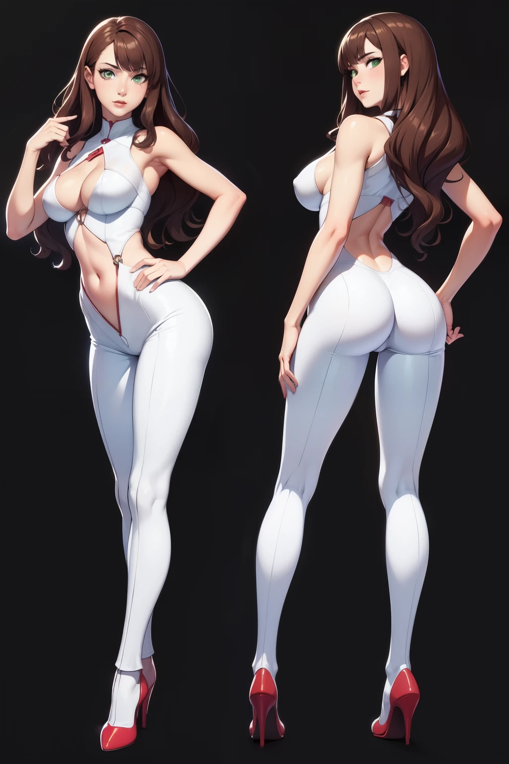 (masterpiece), (best quality), same girl posing in 2 different poses,(perfect face), long wavy brown hair, green eyes, wearing a cyber white suit with leather details, medium boobs, dramatical pose, slim body, (transparent background), ass first view, (touching the ass), (charming), (full body pose)