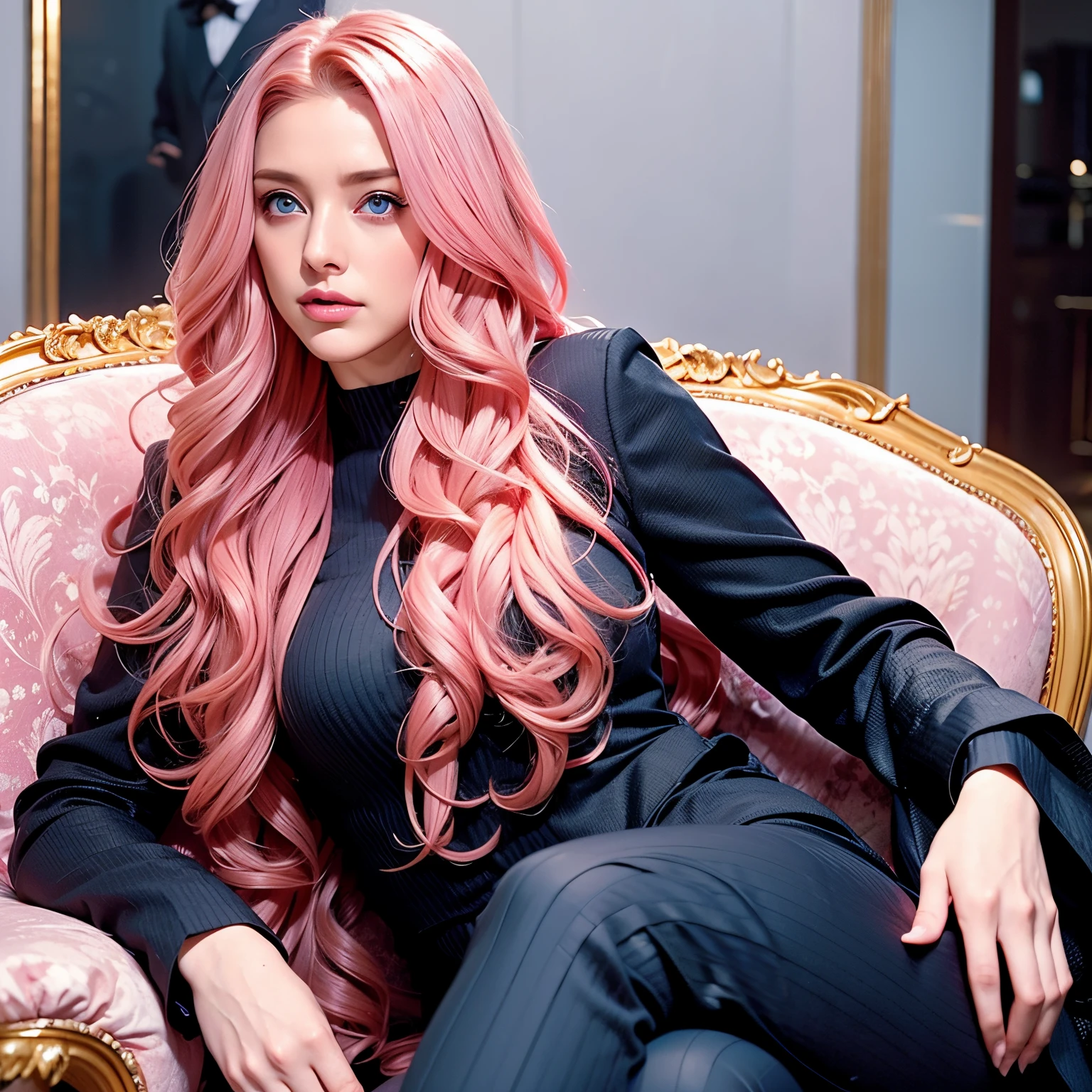 a woman, long curly hair, pink hair, blue eyes, wearing a black suit, suit, sitting in the armchair, eyes highlighted, sexy,