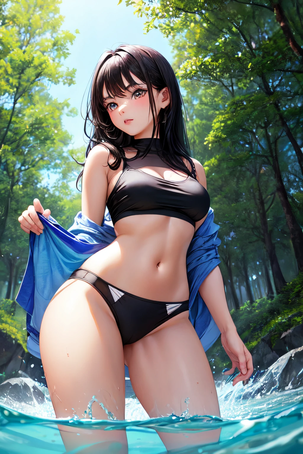 In a forest full of nature a river of crystal clear water runs, There is a woman with long black hair, bright brown eyes., con un top rosa , a la chica se le marcan los pezones, y una minifalda azul., She is about 18 years old, 18 years old, 18 year old female model, 19 year old girl, she is about 20 years old, she is about 20 years old, 1 6 years, Imagen de perfil, Imagen de cuerpo entero minifalda color azul Marino entablada, The girl has long black hair and brown eyes., la chica usa un top color rosa una falda escolar color azul rey