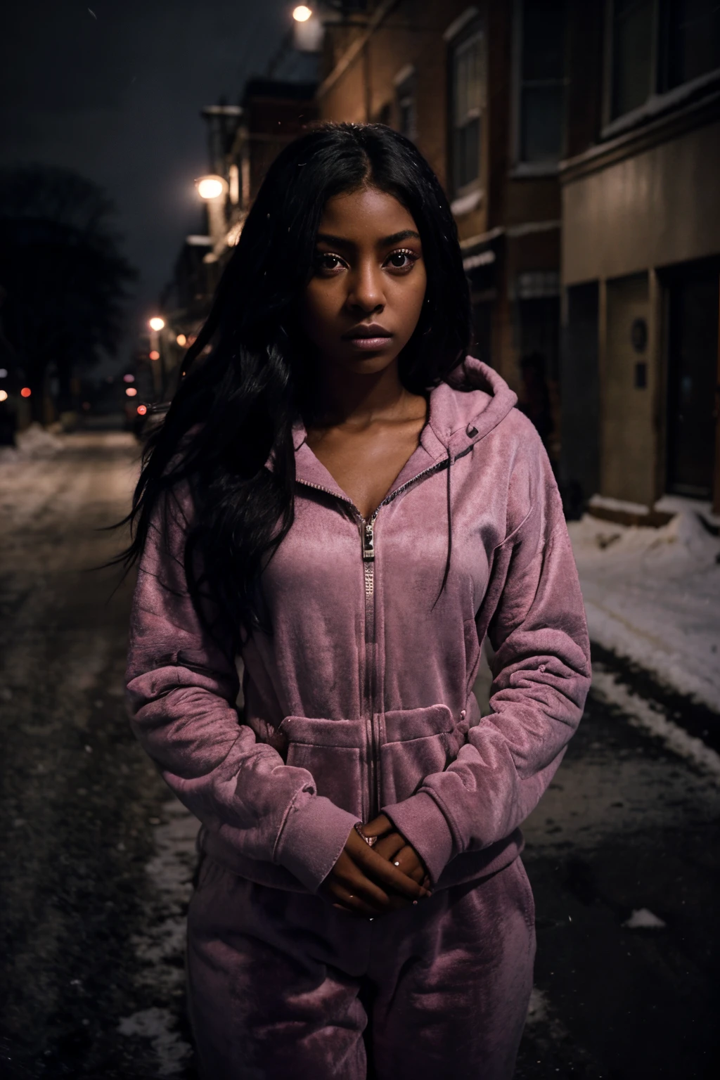 beautiful singer Justine Skye with black hair, photographed by Annie Leibovitz, on a dark snowy street in the Bronx at night, dramatic scene, a dark moody aesthetic, deep shadows, a serious expression, sad expression, sweet face, large eyes, wearing a light pink velour outfit