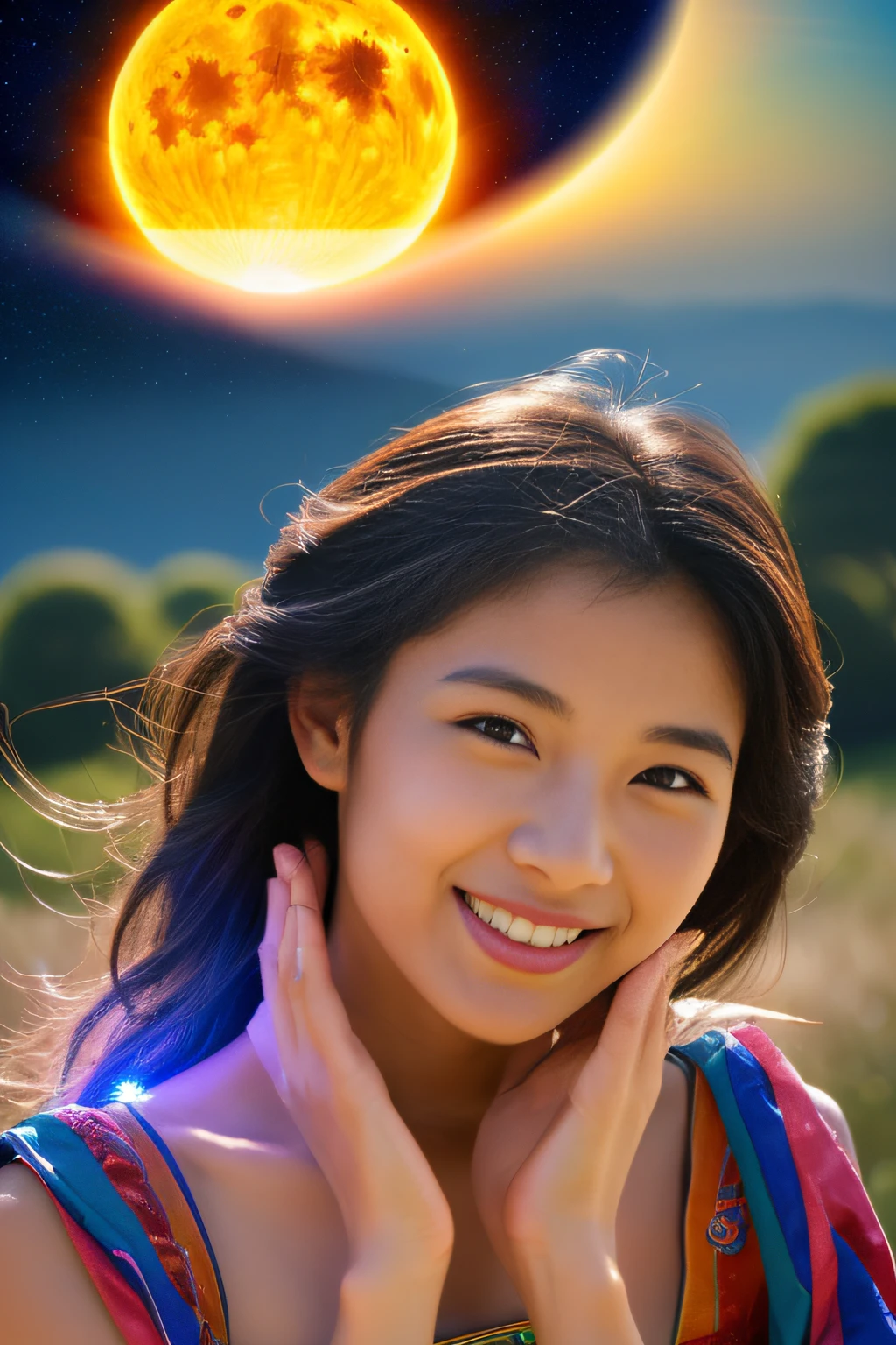(great masterpiece、high-level image quality、hightquality),Women in Japan、Very attractive beauty:1.2、Aura Glow:1.5))、Beauty with great and spiritual unity、woman with great love、(perfect anatomia、beautiful rims beautiful skin)、(Supreme Beauty)、(The best smile)、Professional filming、Gravure photography、(aura:1.5,The Energy of the Great Spirit)、((((Worldview of the Realm of God、image of the sun))))、