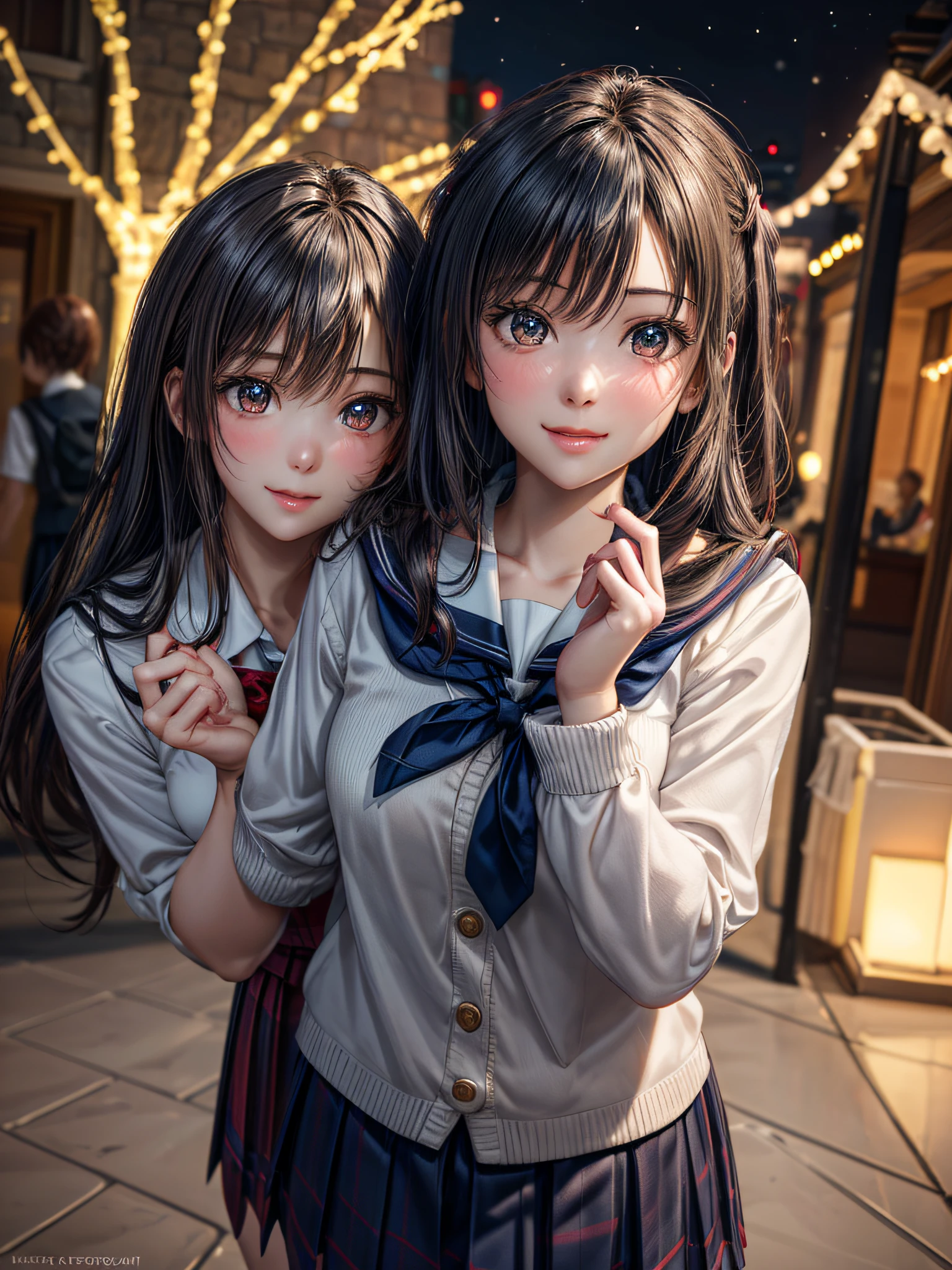 (2girls:1.4), Extremely cute, amazing face and eyes beautiful nice smile), (extremely detailed beautiful face), bright and shiny lips, (School uniform, Pleated skirt:1.3), (Best Quality:1.4), (hyper quality), (Ultra-detailed), (Hyper-realistic, Photorealsitic:1.37), Authentic skin texture, intricate-detail, extremely detailed CG unified 8k wallpaper, RAW Photos, professional photograpy, Cinematic lighting, Exposing, Christmas tree, Christmas Ornaments, Christmas Decorations, Christmas Lights, Christmas Lights,