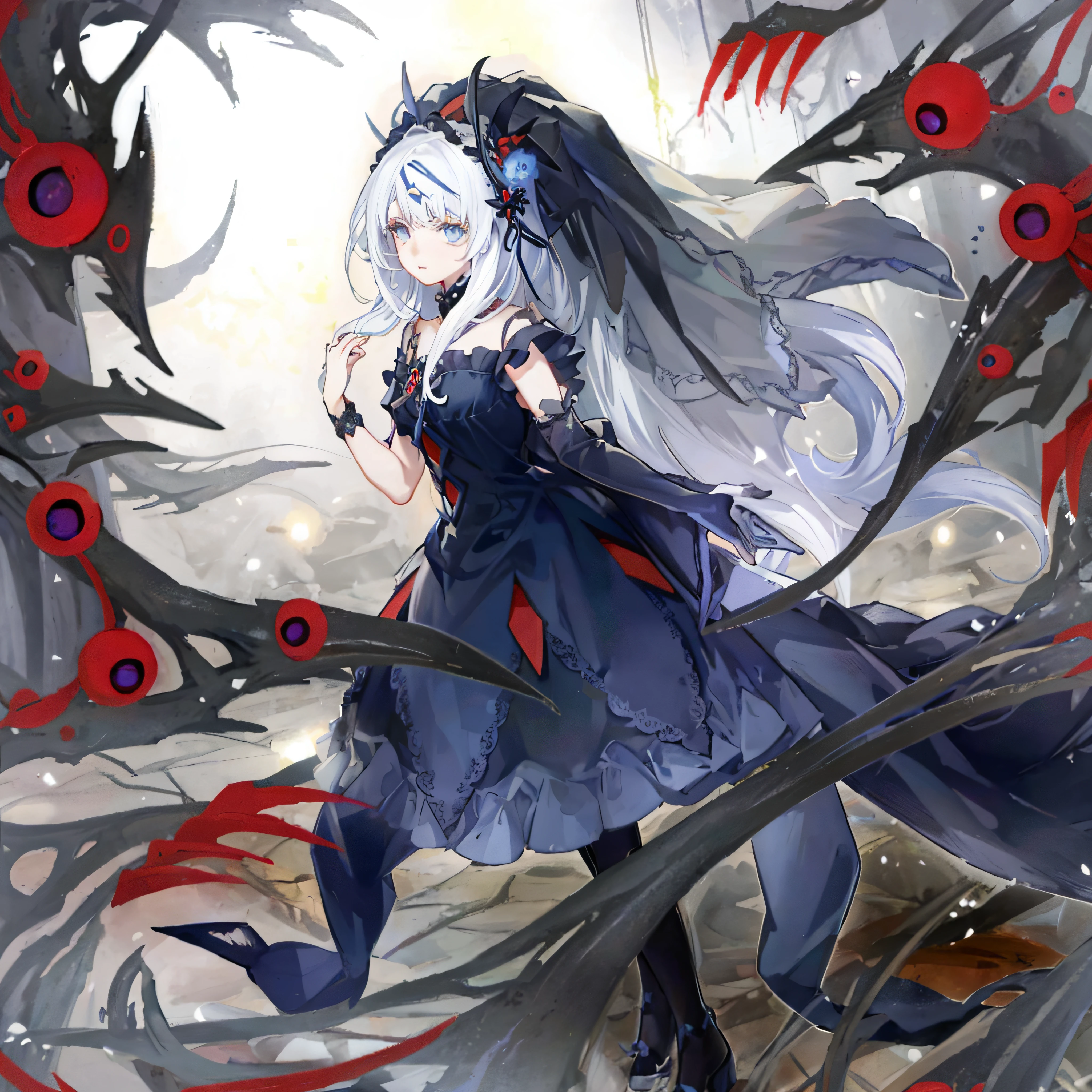 garota anime com longos cabelos brancos e vestido preto, gothic maiden anime girl, monstro anime, noiva de cabelos brancos, Pixiv, Arte Zerochan, Pixiv, trending on artstation pixiv, noiva de vestido preto