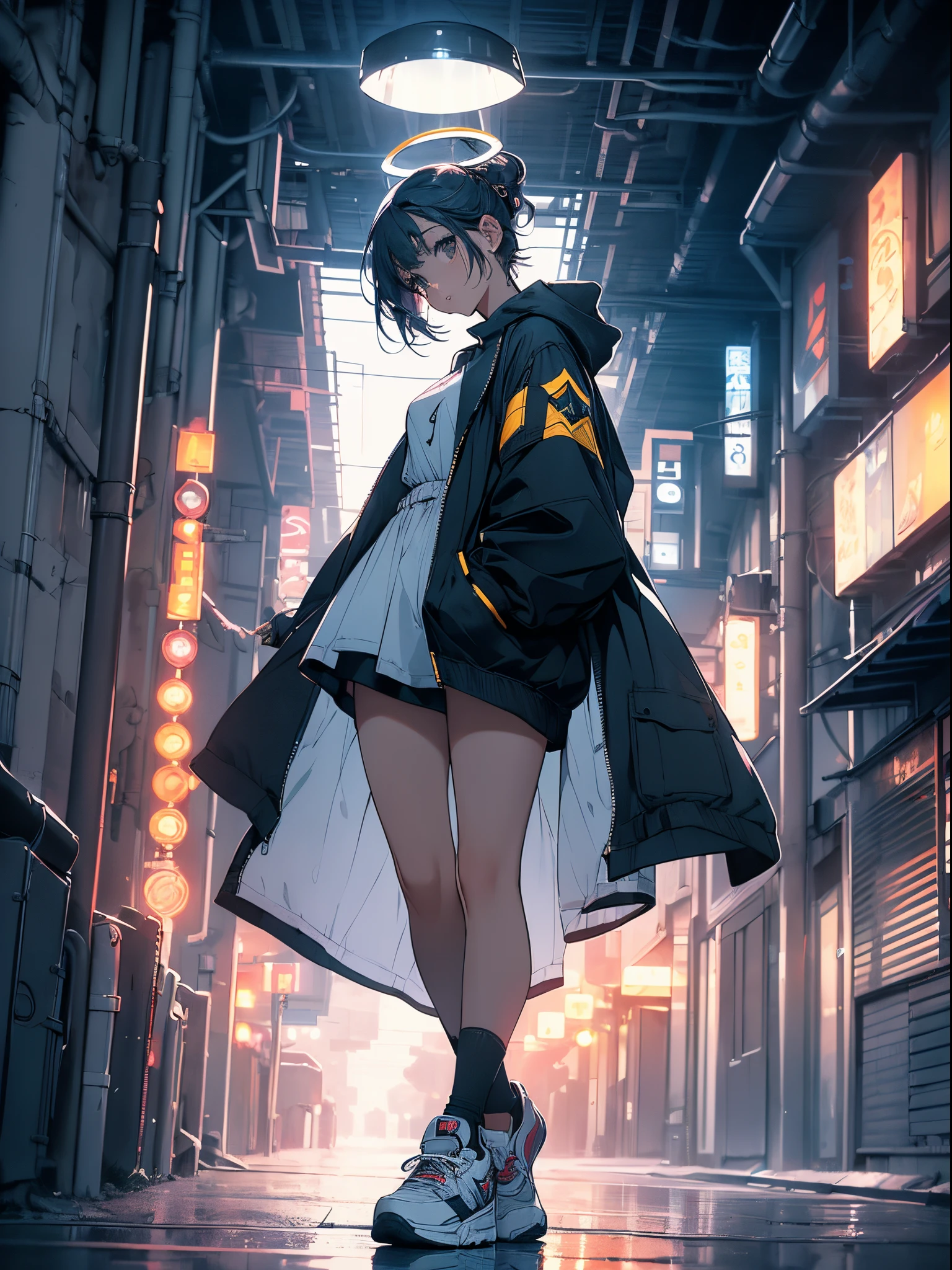 A girl in profile, with her hands in her jacket pocket, Short bob hair, long sideburns, (((A halo over her head))), White eyes, star lips, hip-hop clothes, white high-top sneakers , walking down dark street, full body, thick legs, small breasts, big booty, {extremely detailed 16k CG unit wallpaper}, expansive landscape photography, (a view from below with focus on the character and the setting), (wide open field view), (low angle shot), (high light: 1.2), (low light: 1.5), (warm light source: 1.2), complex details, (iridescent colors: 1.2), (illumination bright), (atmospheric lighting), dreamy, unique,