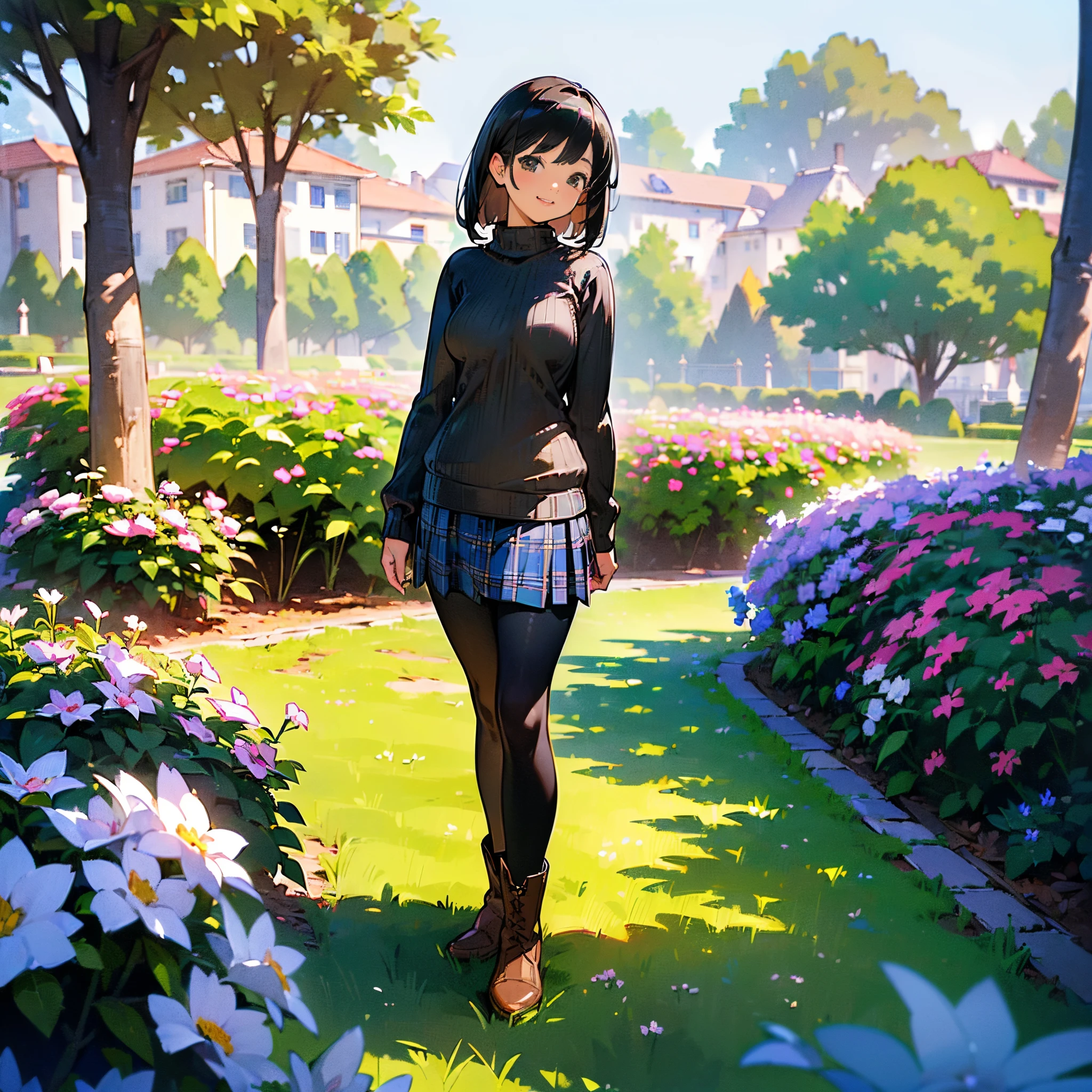 (High quality, High resolution, Ultra-detailed, Realistic:1.37), peaceful ambiance, (plein air, garden), age girl standing alone, (My breasts are big.), Beautiful detailed features, Cute smile, (Black bob hair), Ribbed sweater, blue plaid skirt, Black tights, Brown boots.