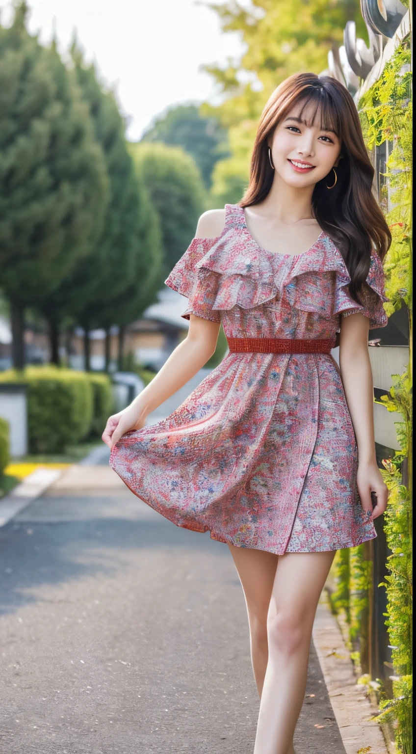 (top-quality、8k、32k、masterpiece、UHD:1.2)、Photo of a cute Japanese woman、Details of face,(Happy smile、red blush:1.1)、looking at the viewers、(Beautiful colorful detailed dress skirt:1.2)、detailed legs、(the feet:0.9)、(the jacket is thin,:0.9)、(wind lift:1.6)、full bodyesbian、the wind、城市、outside of house,Beautie Ultra high-definition images, (Super beautiful woman details)
