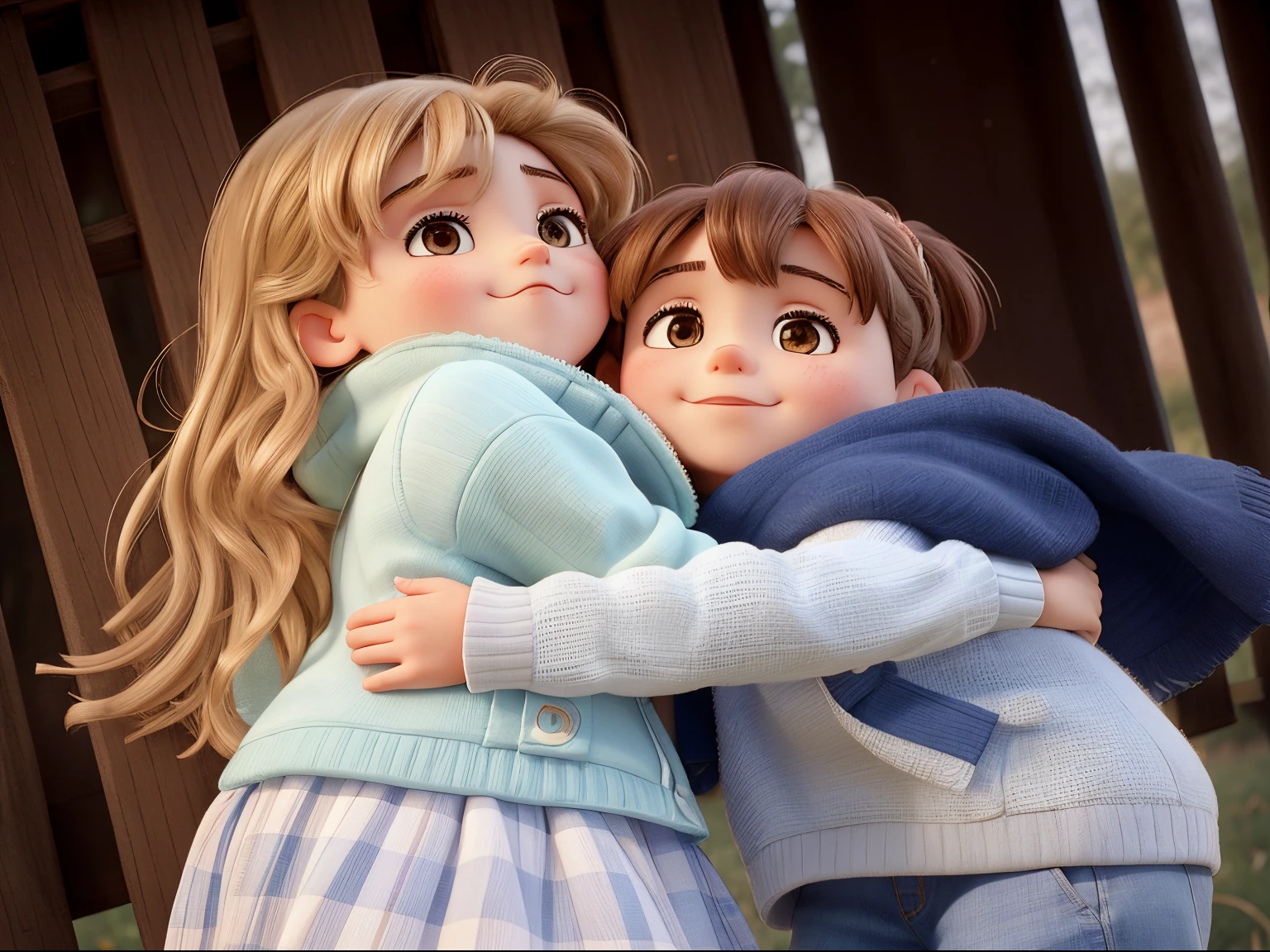 there are two children hugging each other in front of a wooden fence, hugging each other, children, close portrait, detailed portrait shot, portrait picture, portrait shot, hugging, medium portrait, mid shot portrait, photo portrait, 3 / 4 view portrait, portrait image, digitally enhanced, closeup portrait, full protrait, taken with canon 5d mk4