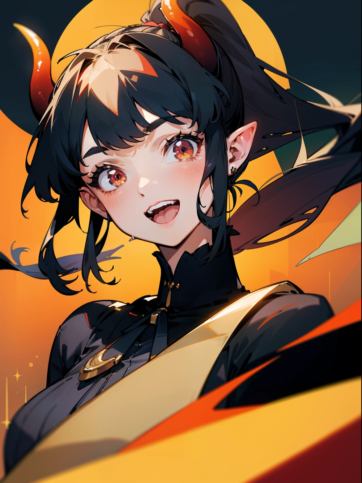 1girl ,20s,mature female,open mouth,smile,black hair,((high ponytail)),long hair,red eyes,pointy ears,horns,from front,portrait