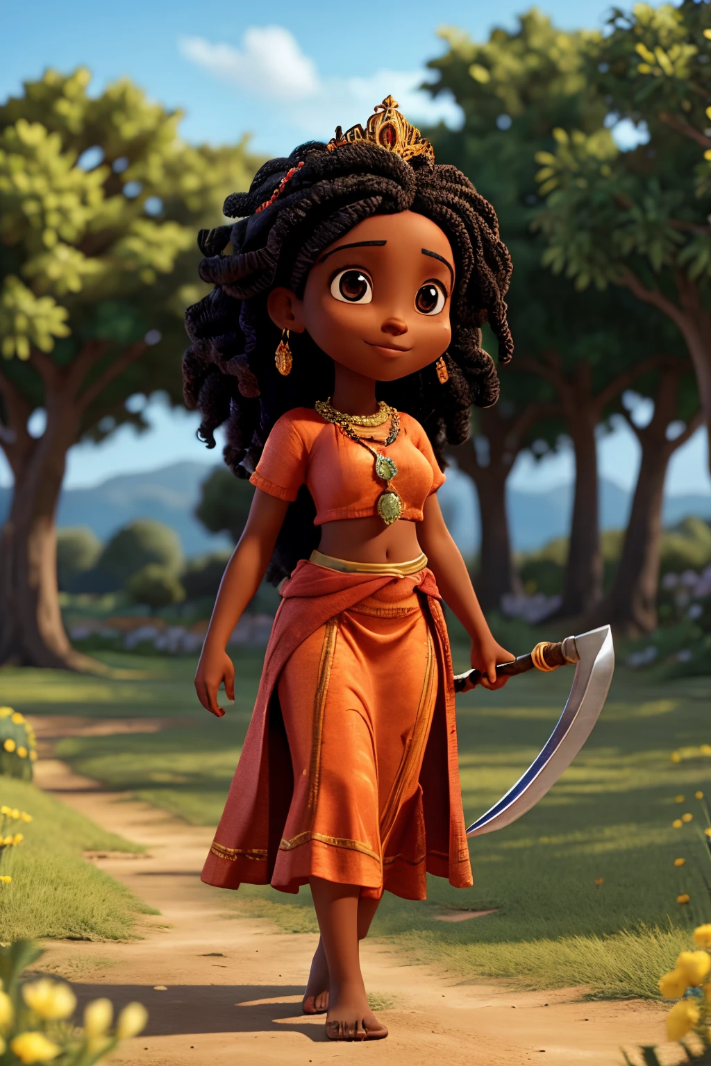 a black woman in her 30s, with a long skirt and a red top and a crown, barefoot, wearing a beaded necklace, holding a scimitar, in front of an open field