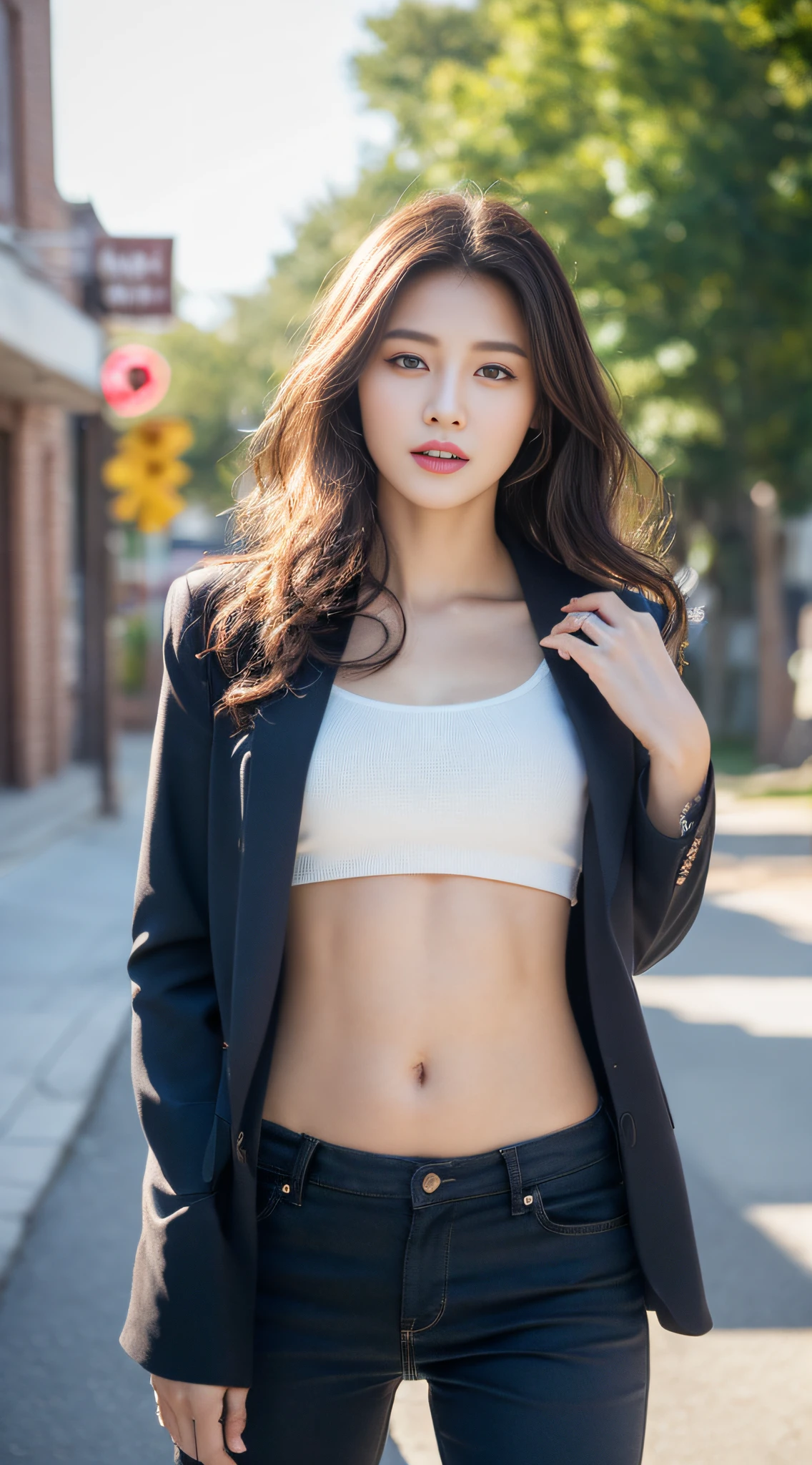 ((Realistic lighting, Best Quality, 8K, Masterpiece: 1.3)), Clear focus: 1.2, 1girl, Perfect Body Beauty: 1.4, Slim Abs: 1.1, Cowboy Pose, (Outdoor, Daytime: 1.1), City Street, Ultra Fine Face, Fine Eyes, Double Eyelids, Curly Hair, Fair Skin, Suit