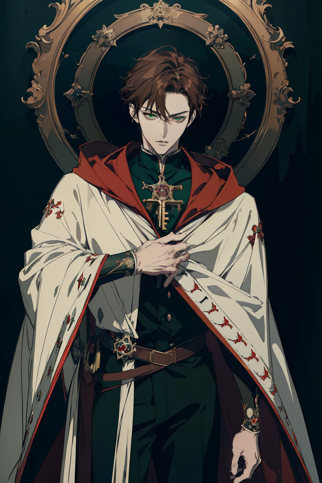 anime drawing of a man Regal , 2 d anime style, male anime style, male anime character, anime style character, delicate, in an anime style, he masterpiece, (absurdres:1.1), best quality, extremely delicate, (beautiful face:1.1), elegant, (great composition), realistic rendering, Dungeons and Dragons, Fantasy, octane rendering, zbrush. Character design, photorealistic, unreal mechanism, hyperdetailed, concept art, trend in art season. ((best quality)), ((masterpiece)), ((realistic)), (detail anime drawing of a man Regal , 2 d anime style, male anime style, (Absurdres, Intricate Details, Masterpiece, Best Quality, High Resolution, 8k), 1 male, masculine, young, aged up, dreadful, finely detailed eyes and face, dark red short mustache hair, hazel eyes, looking down, solo, (full body:0.6), detailed background, detailed face, ( dark fantasy theme: fog, dark atmosphere, , Depth of Field, VFX. (absurdres, highres, ultra detailed vector shaded anime, full detailed beautiful masterpiece, (absurdres:1.1), best quality, extremely delicate, Victorian era badass anime drawing of a man Regal a close up cape hood up Victorian era primary colors Black red white beautiful uniform androgynous prince, delicate androgynous prince, handsome guy in demon slayer art, anime key visual of elegant, handsome prince, tall anime guy with green eyes, inspired by Okumura Masanobu, anime handsome man, male anime character, anime portrait of a handsome man, key anime art full body shot brown hair Green eyes solider cold look intimidating mature young regal knight FAKE RIGHT ARM PROSTHETIC
