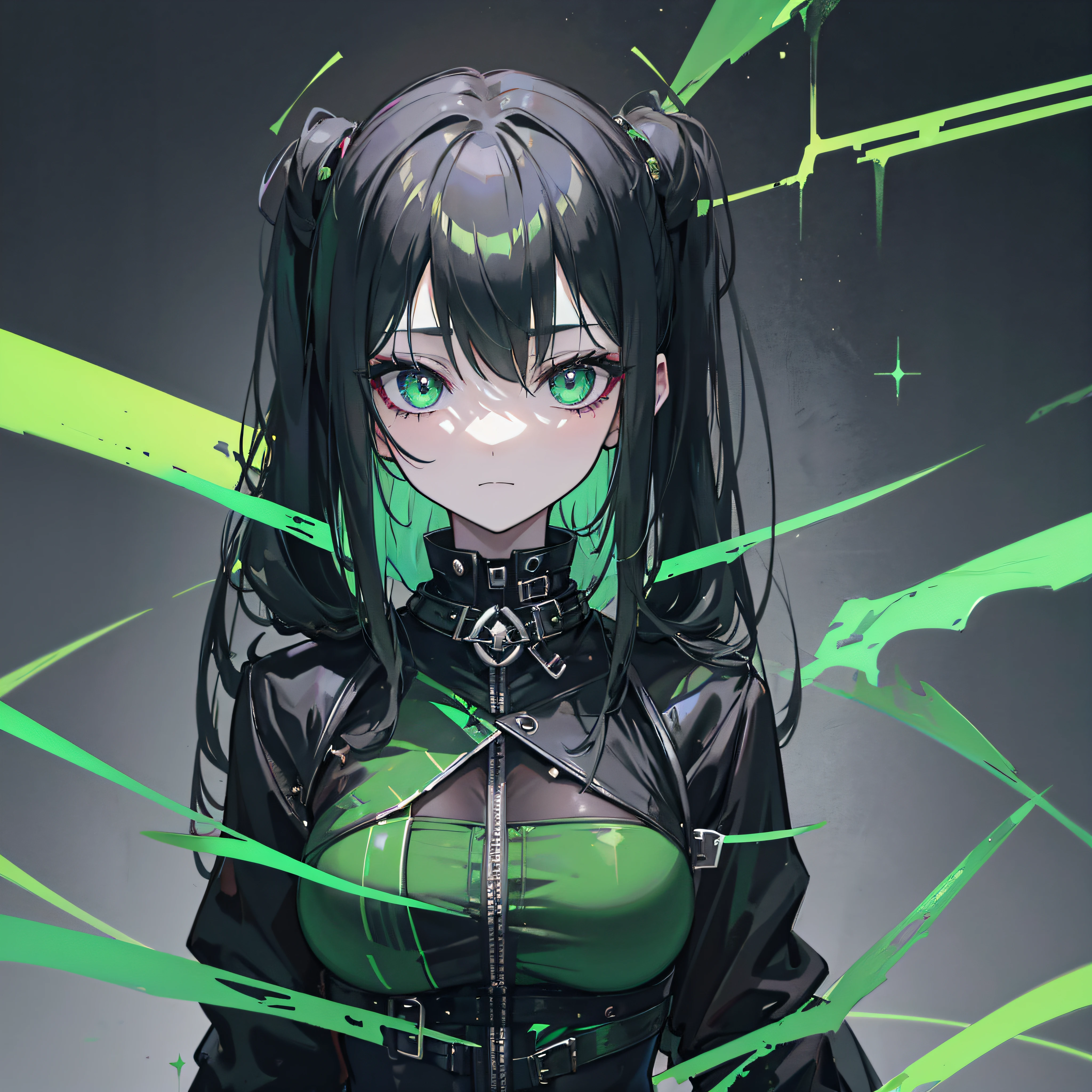 A goth girl in a TOXIC city, Tu hoja de personaje es un lienzo para infinitas posibilidades y expresiones siniestras, por el verde, ojos verdes, Entorno Cyberpunk, detalles, proporciones perfectas, ambiente toxico